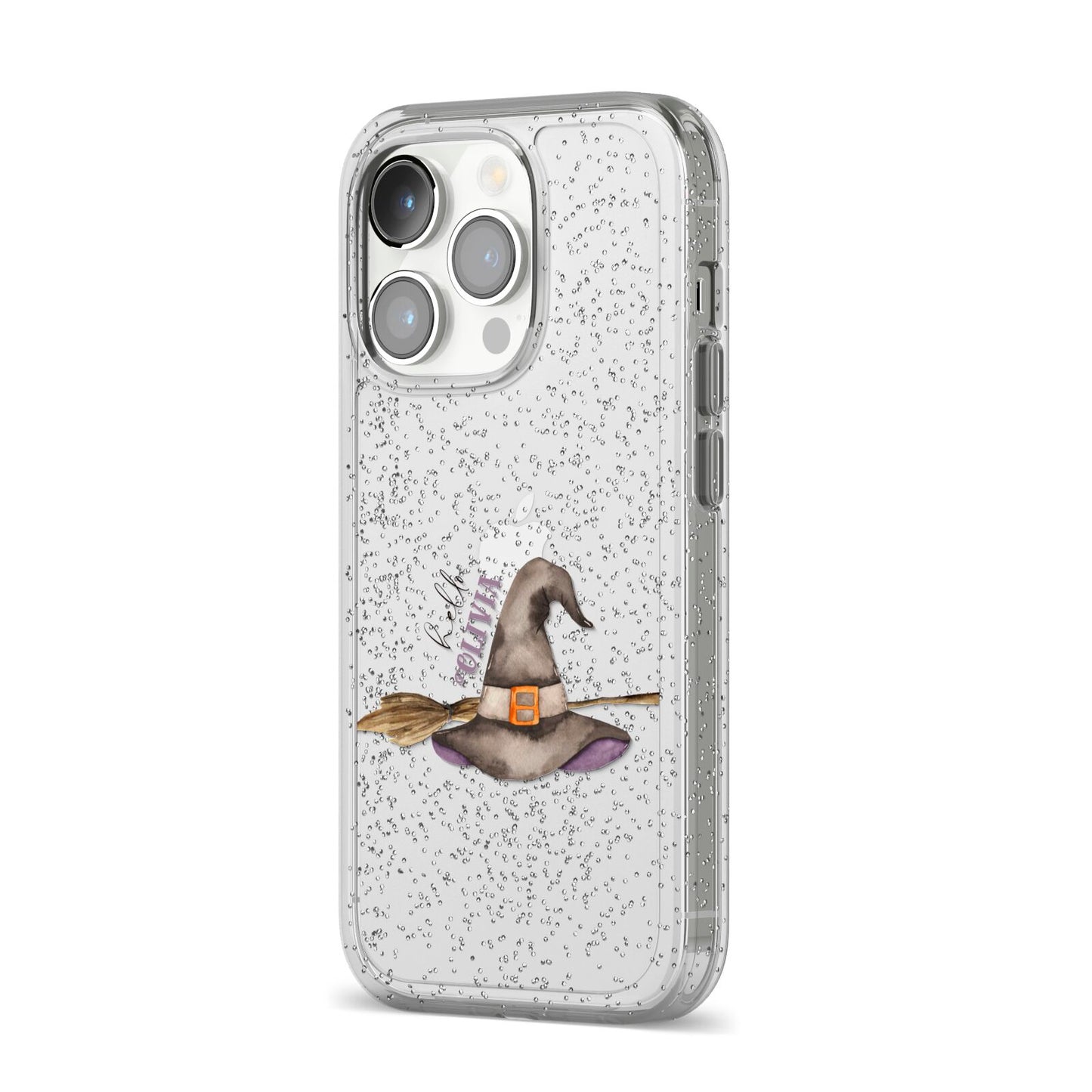 Hello Witch Hat Personalised iPhone 14 Pro Glitter Tough Case Silver Angled Image