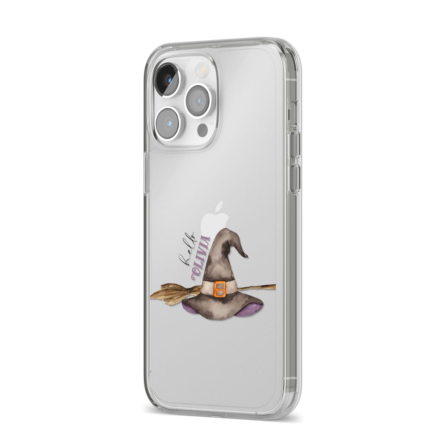 Hello Witch Hat Personalised iPhone 14 Pro Max Clear Tough Case Silver Angled Image