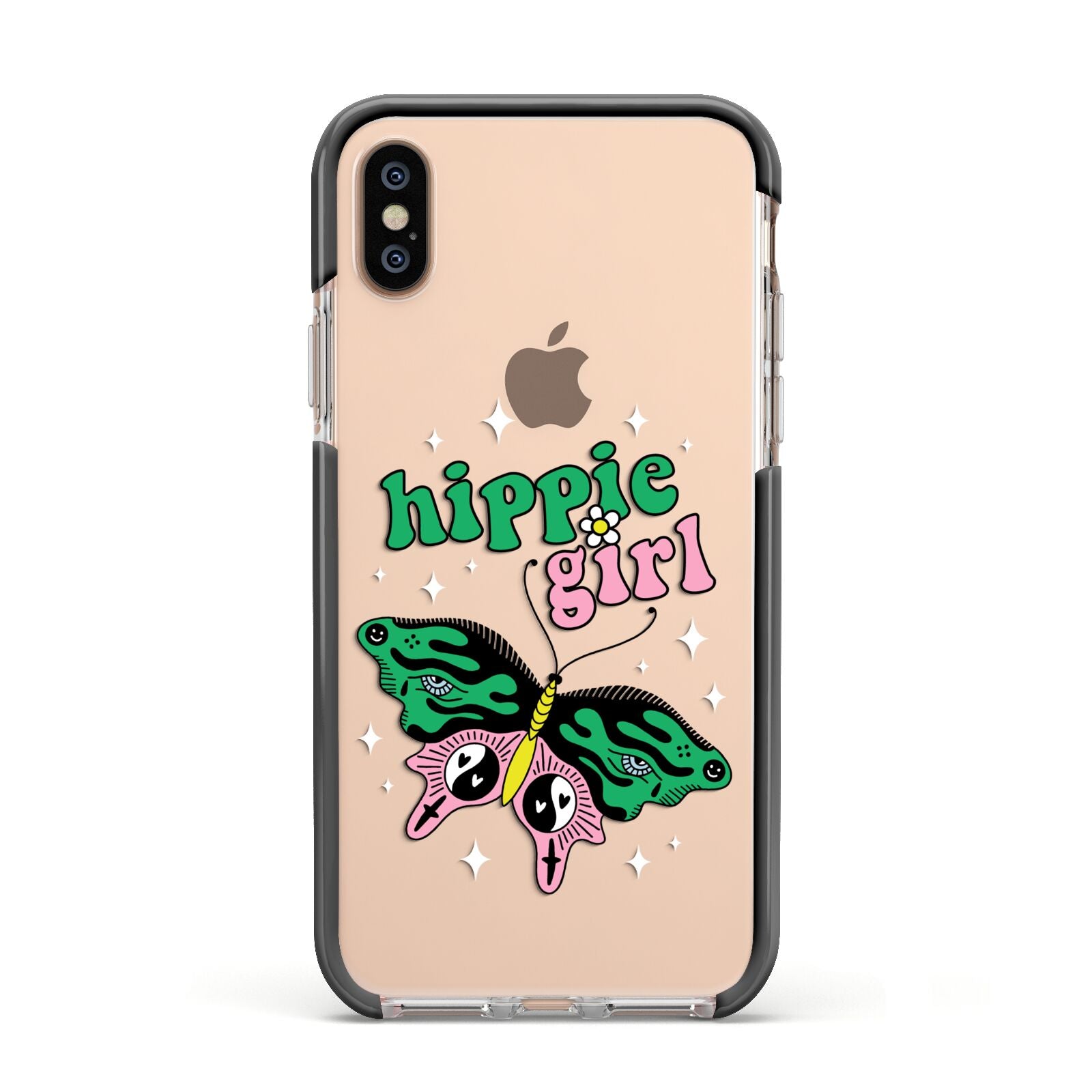 Hippie Girl Apple iPhone Xs Impact Case Black Edge on Gold Phone