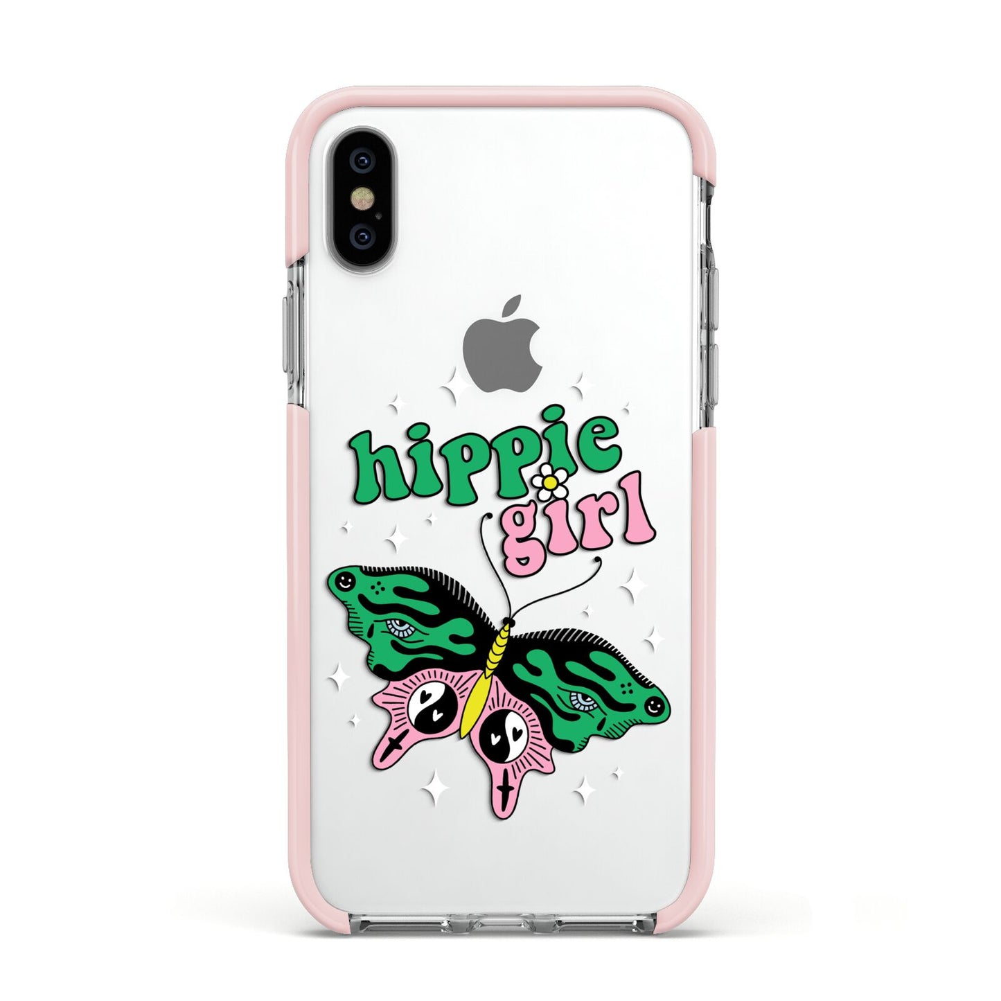 Hippie Girl Apple iPhone Xs Impact Case Pink Edge on Silver Phone