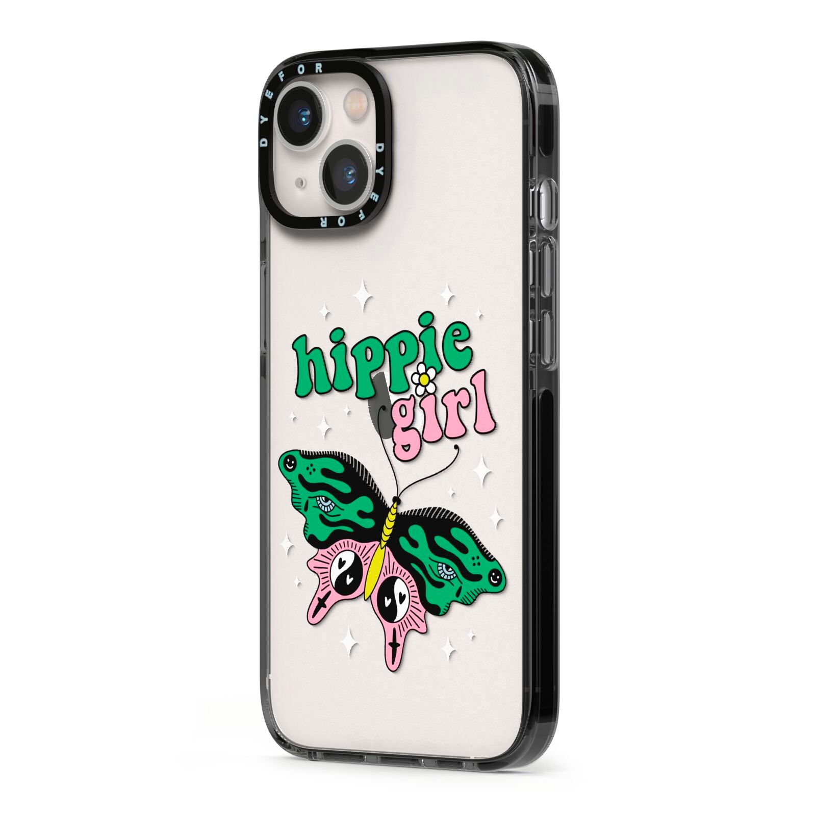 Hippie Girl iPhone 13 Black Impact Case Side Angle on Silver phone