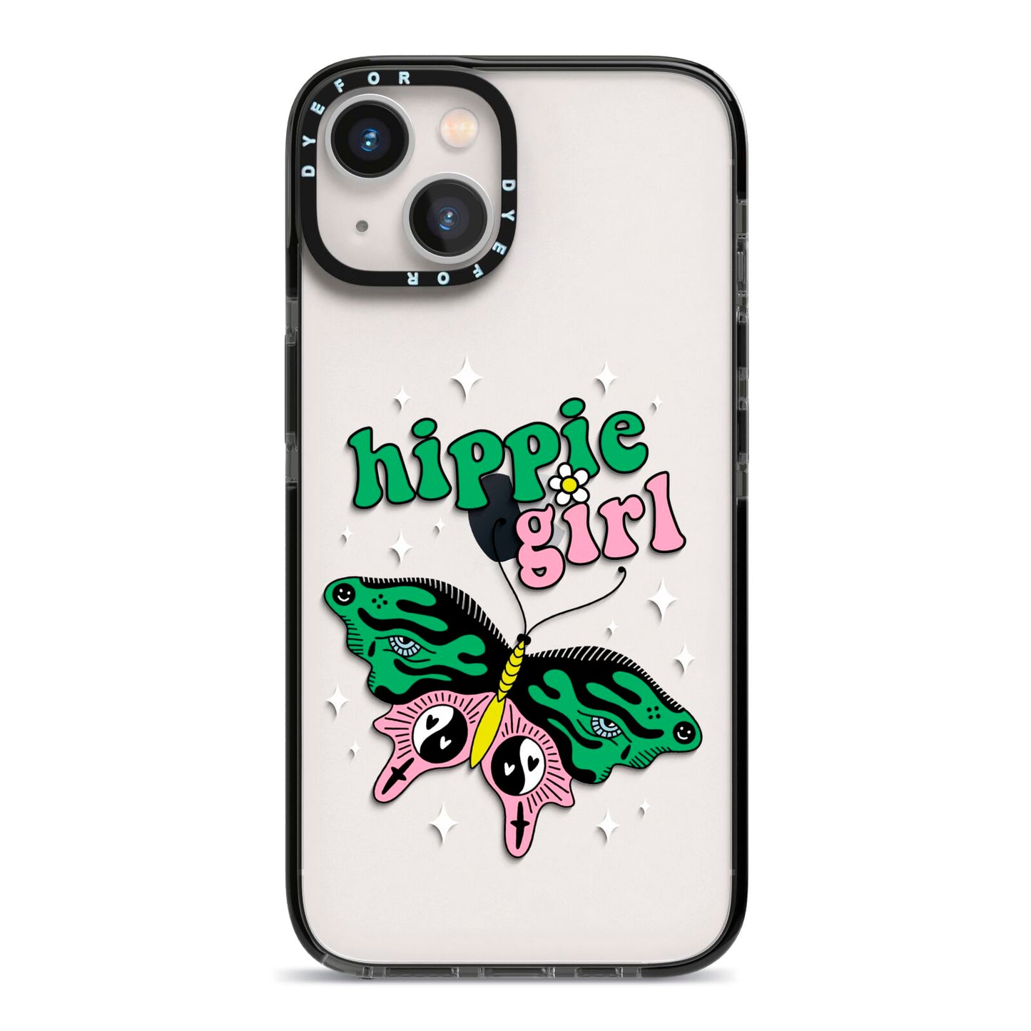 Hippie Girl iPhone 13 Black Impact Case on Silver phone