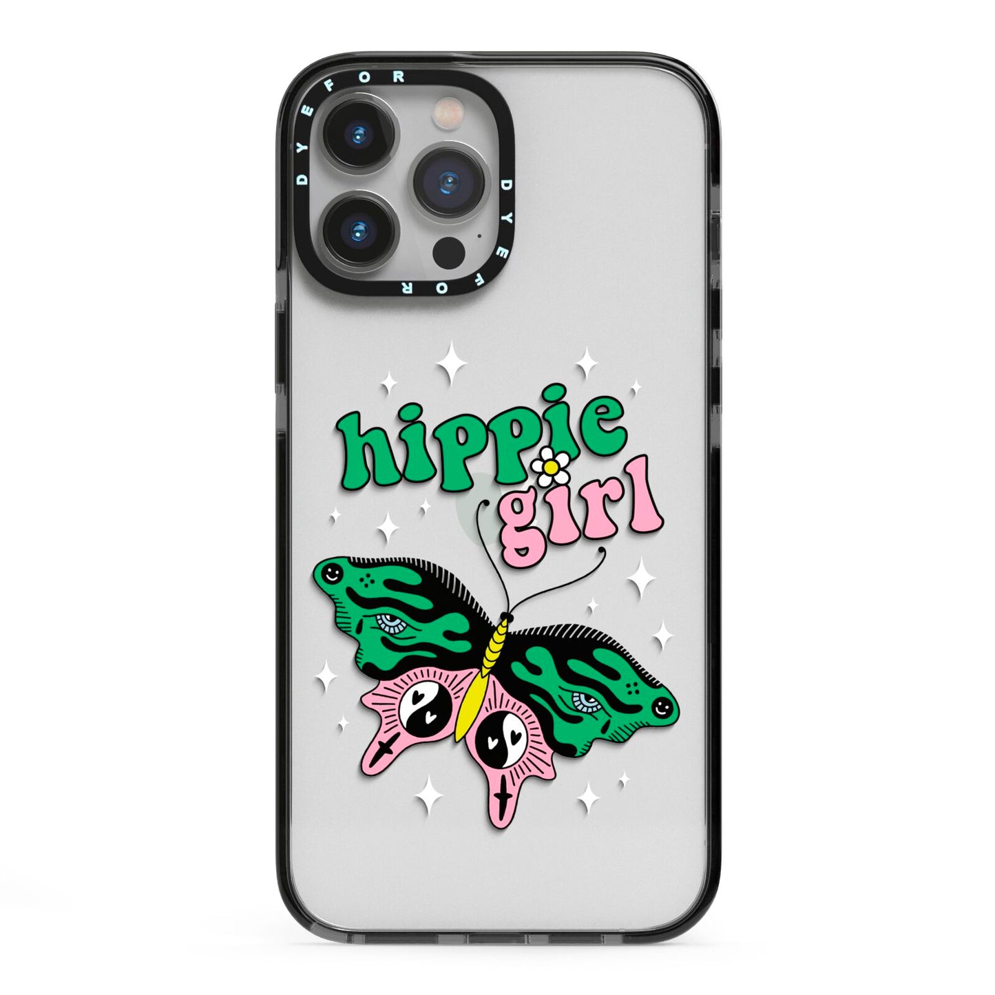 Hippie Girl iPhone 13 Pro Max Black Impact Case on Silver phone