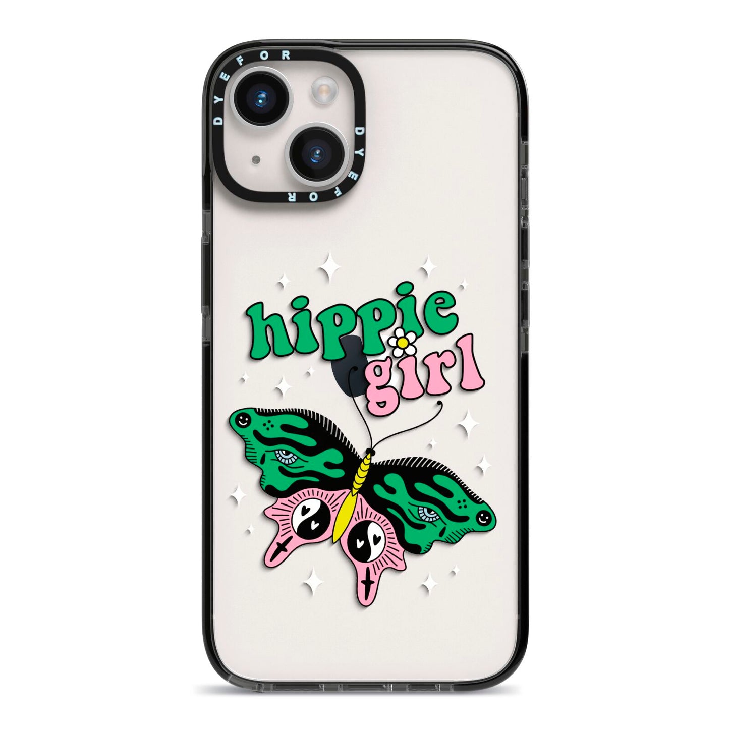 Hippie Girl iPhone 14 Black Impact Case on Silver phone