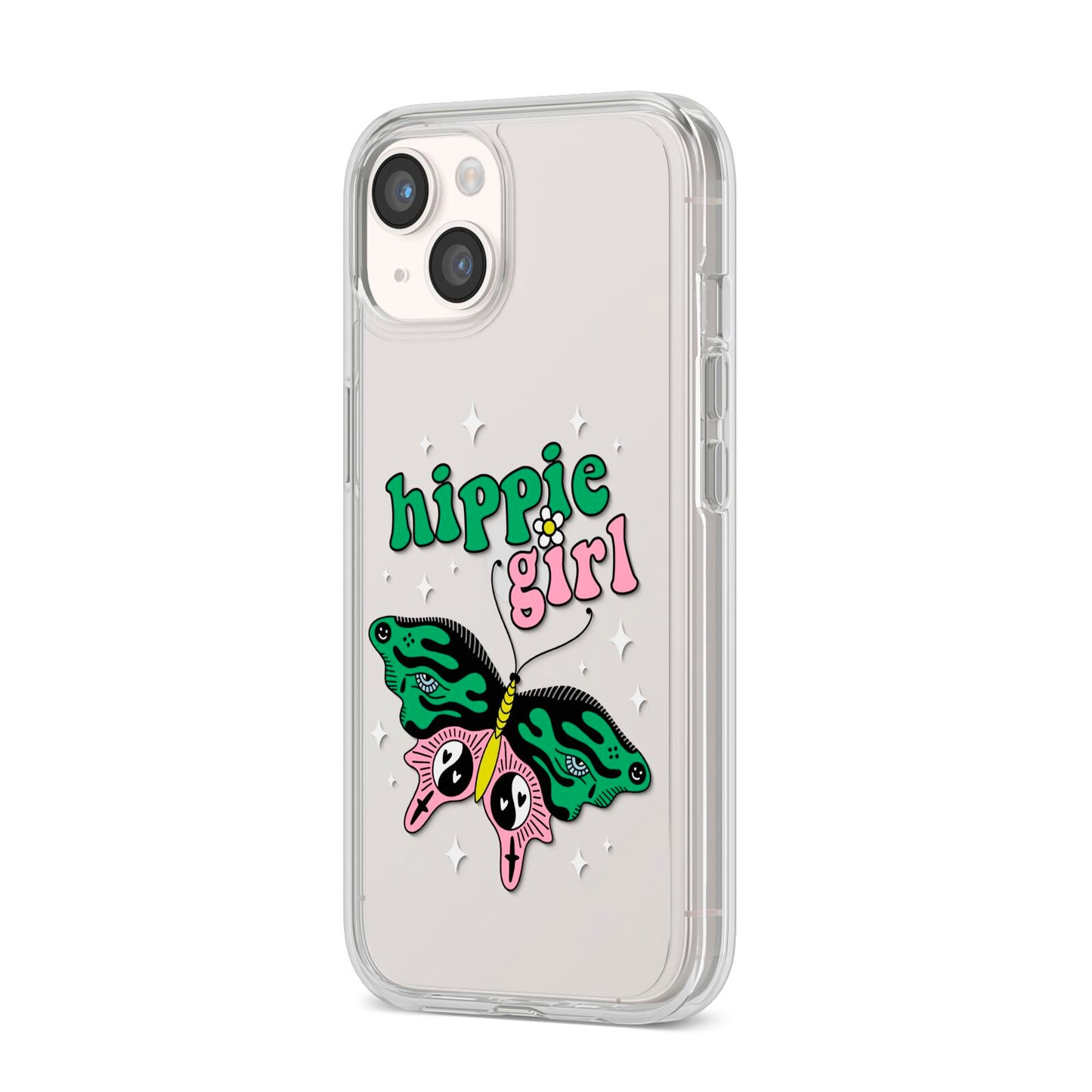 Hippie Girl iPhone 14 Clear Tough Case Starlight Angled Image