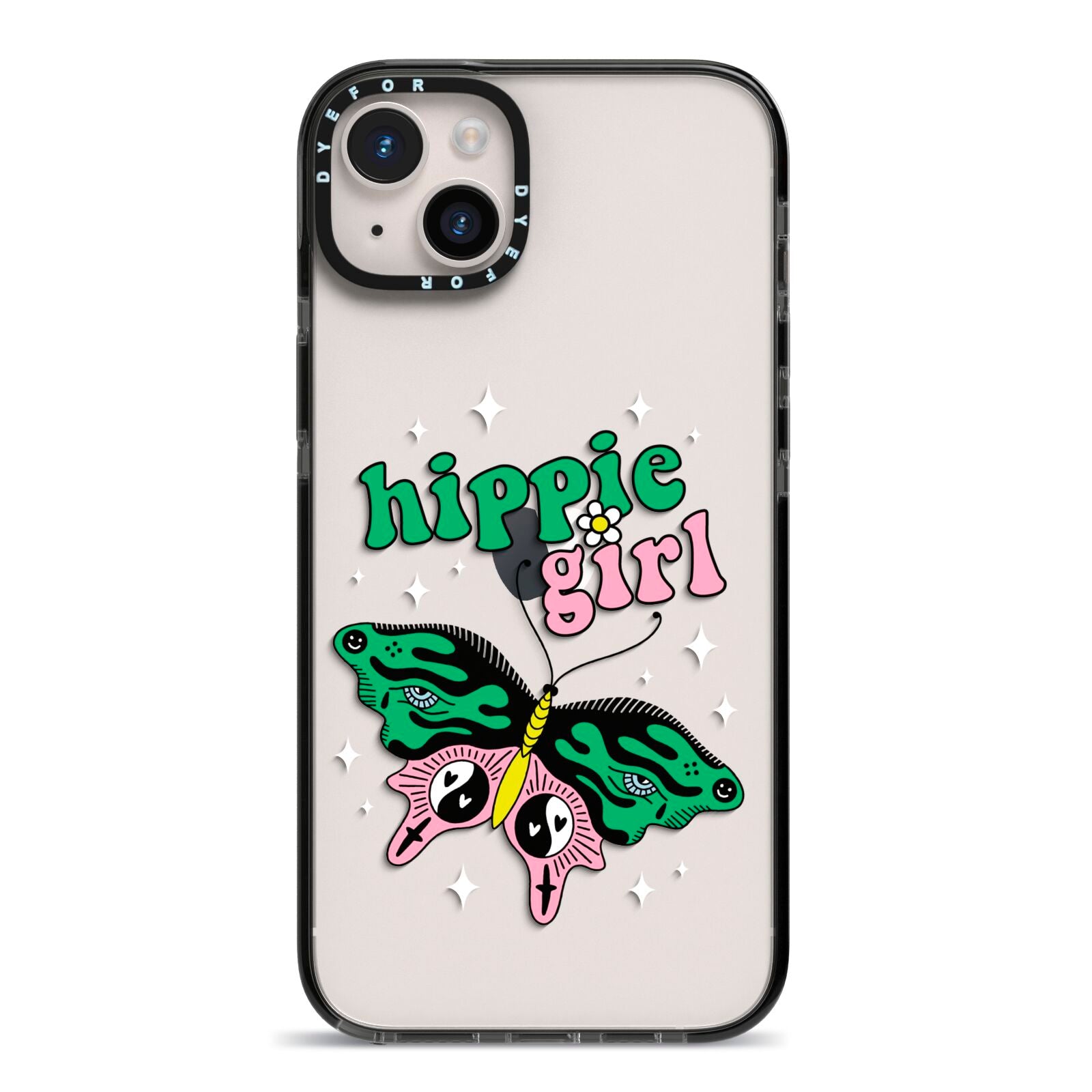 Hippie Girl iPhone 14 Plus Black Impact Case on Silver phone