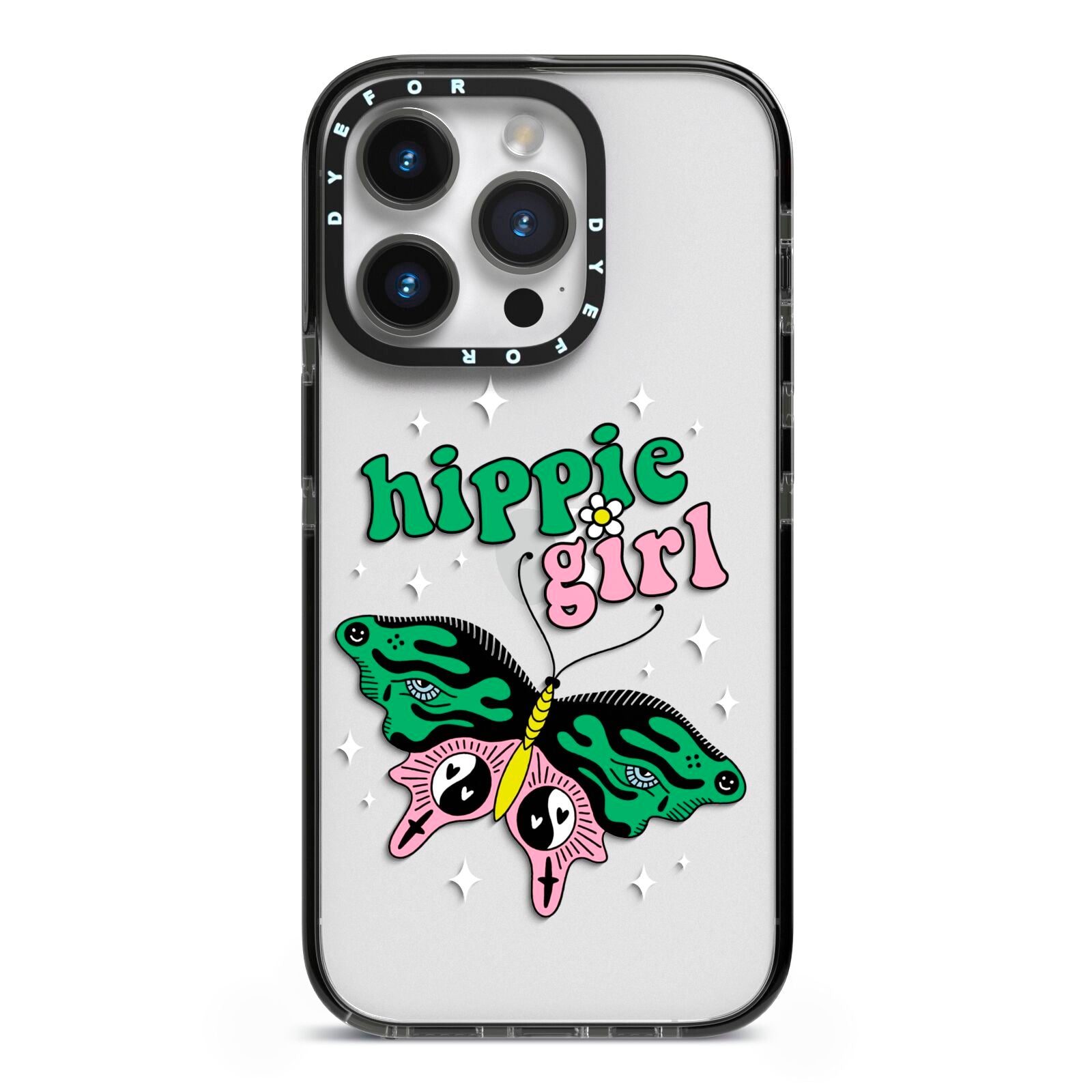 Hippie Girl iPhone 14 Pro Black Impact Case on Silver phone