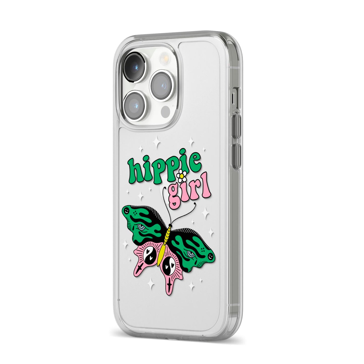 Hippie Girl iPhone 14 Pro Clear Tough Case Silver Angled Image