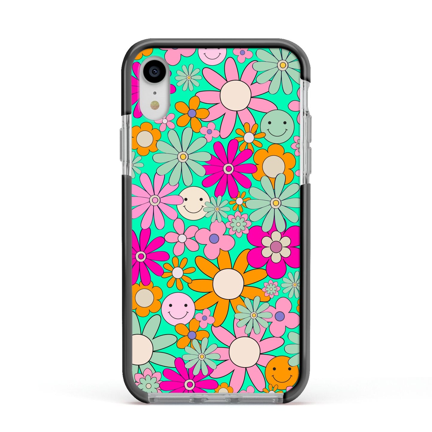 Hippy Floral Apple iPhone XR Impact Case Black Edge on Silver Phone