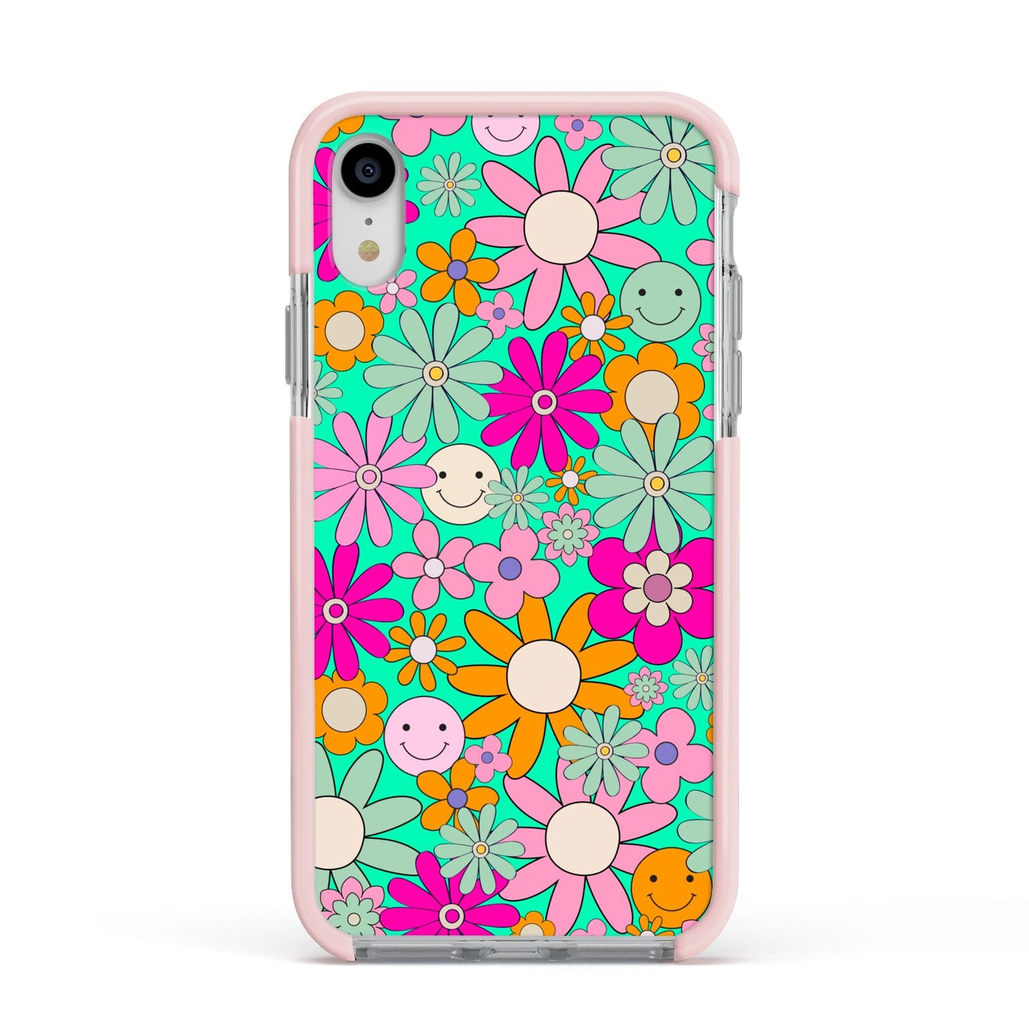 Hippy Floral Apple iPhone XR Impact Case Pink Edge on Silver Phone