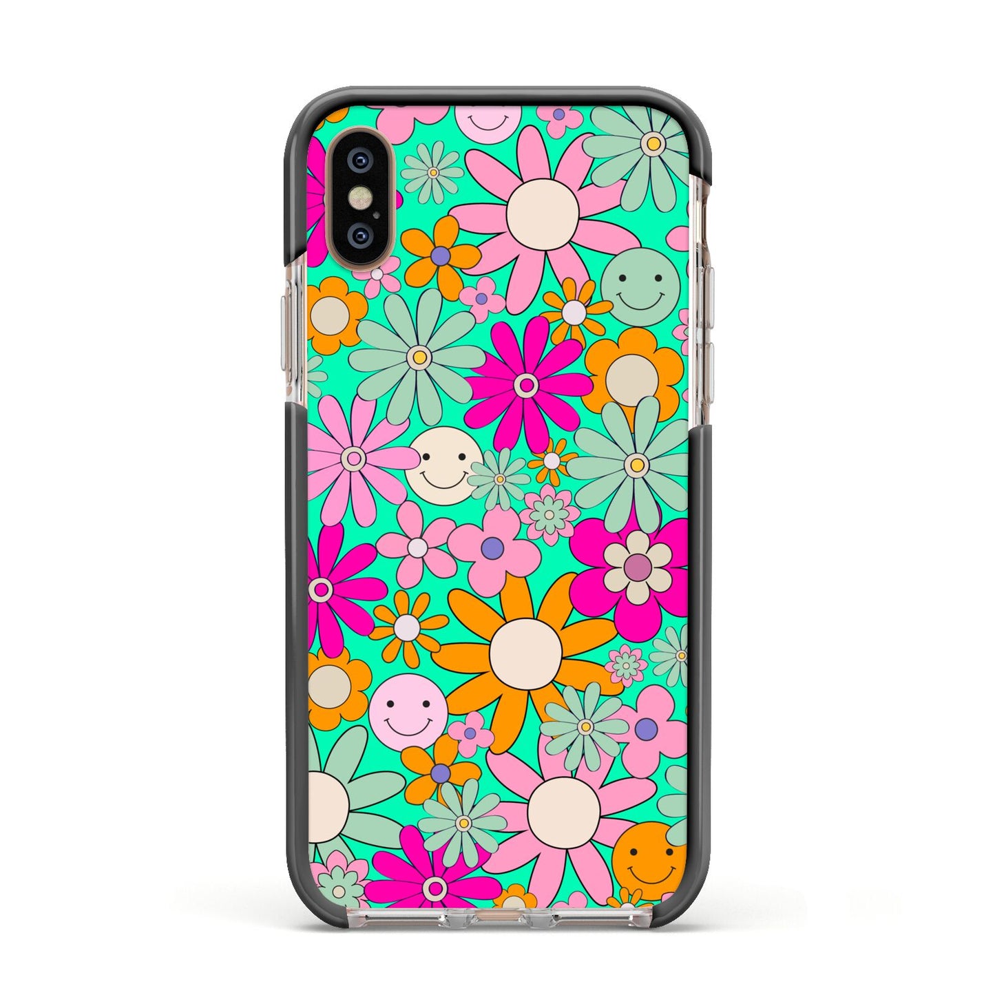 Hippy Floral Apple iPhone Xs Impact Case Black Edge on Gold Phone
