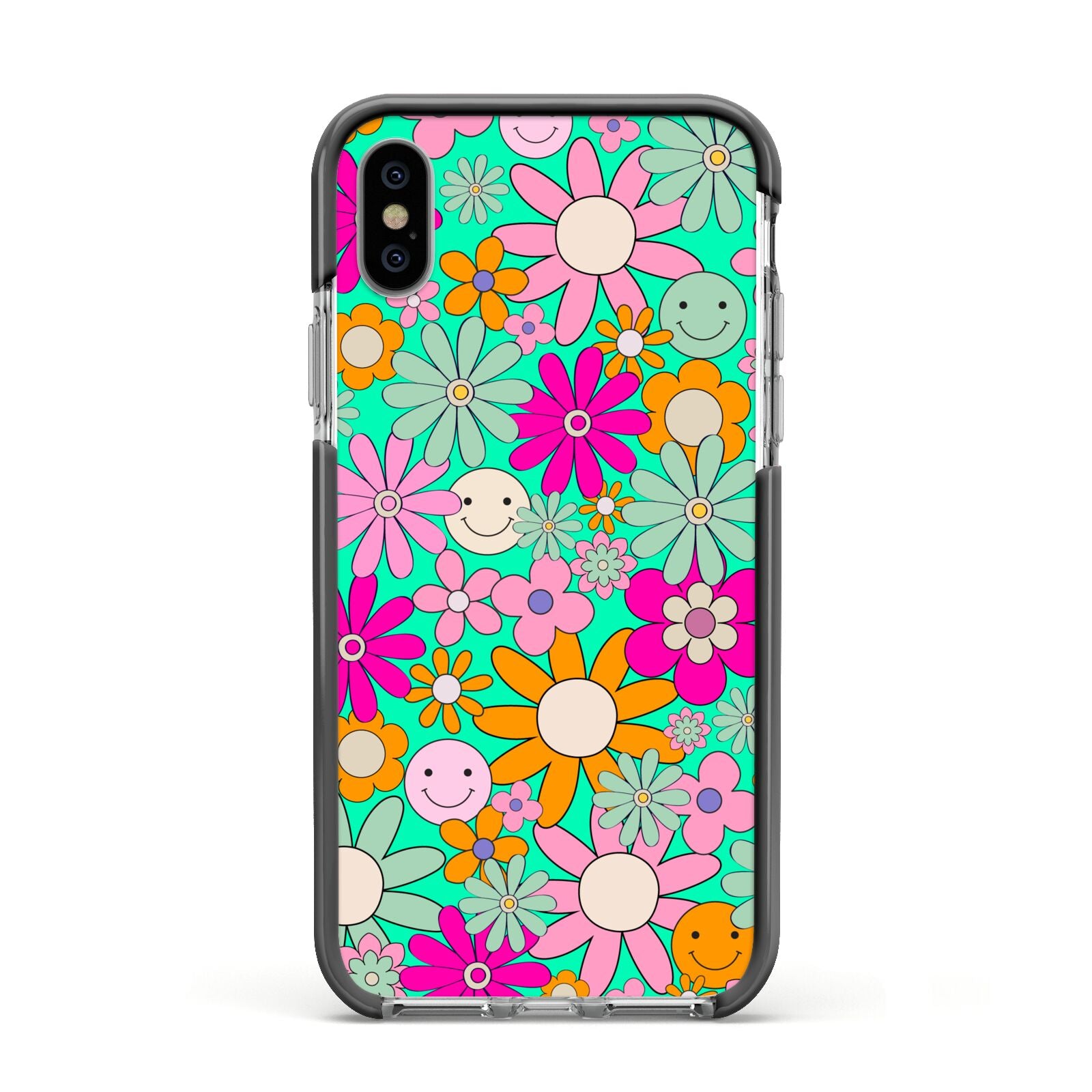 Hippy Floral Apple iPhone Xs Impact Case Black Edge on Silver Phone