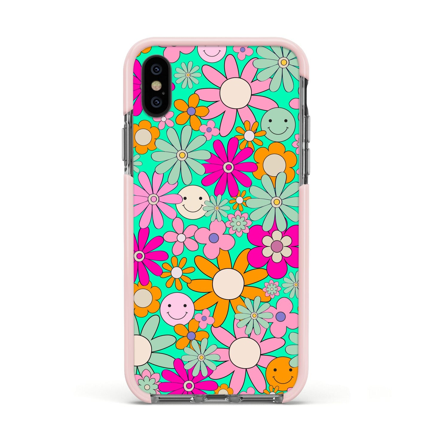 Hippy Floral Apple iPhone Xs Impact Case Pink Edge on Black Phone