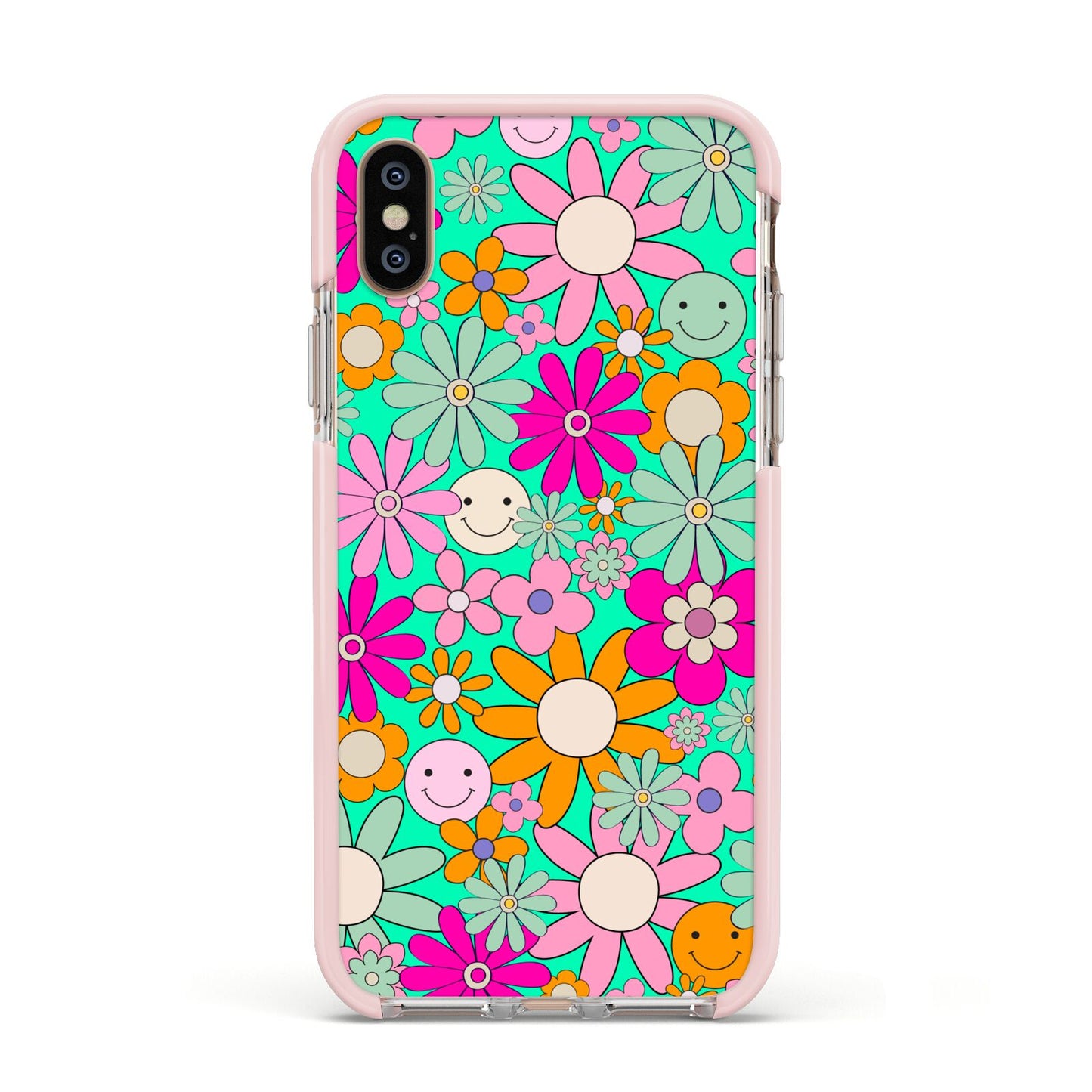 Hippy Floral Apple iPhone Xs Impact Case Pink Edge on Gold Phone