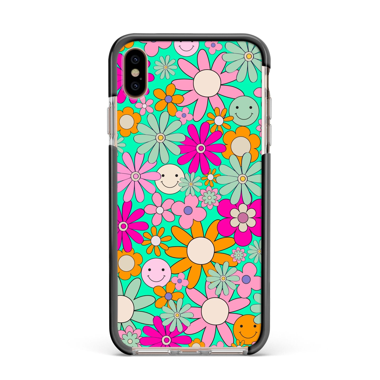 Hippy Floral Apple iPhone Xs Max Impact Case Black Edge on Gold Phone