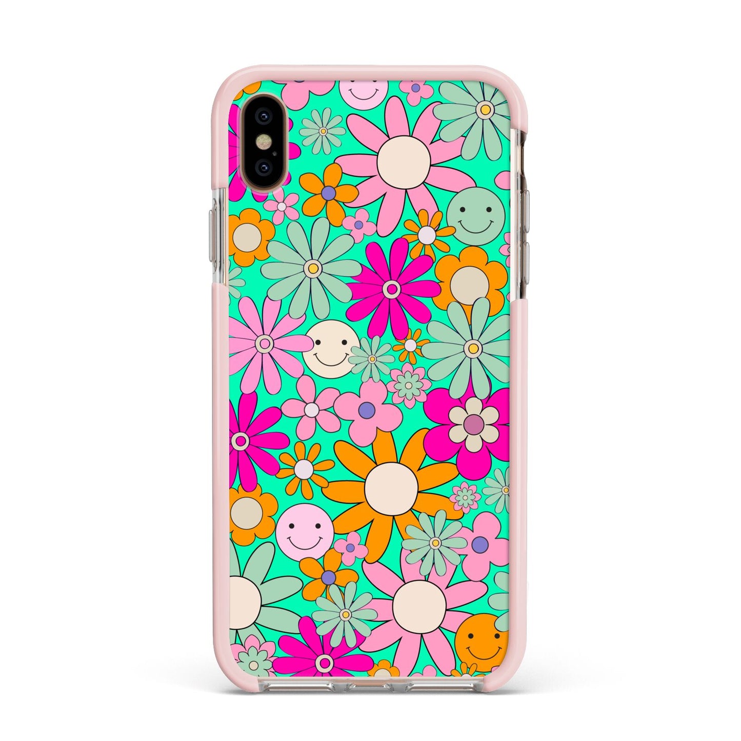 Hippy Floral Apple iPhone Xs Max Impact Case Pink Edge on Gold Phone