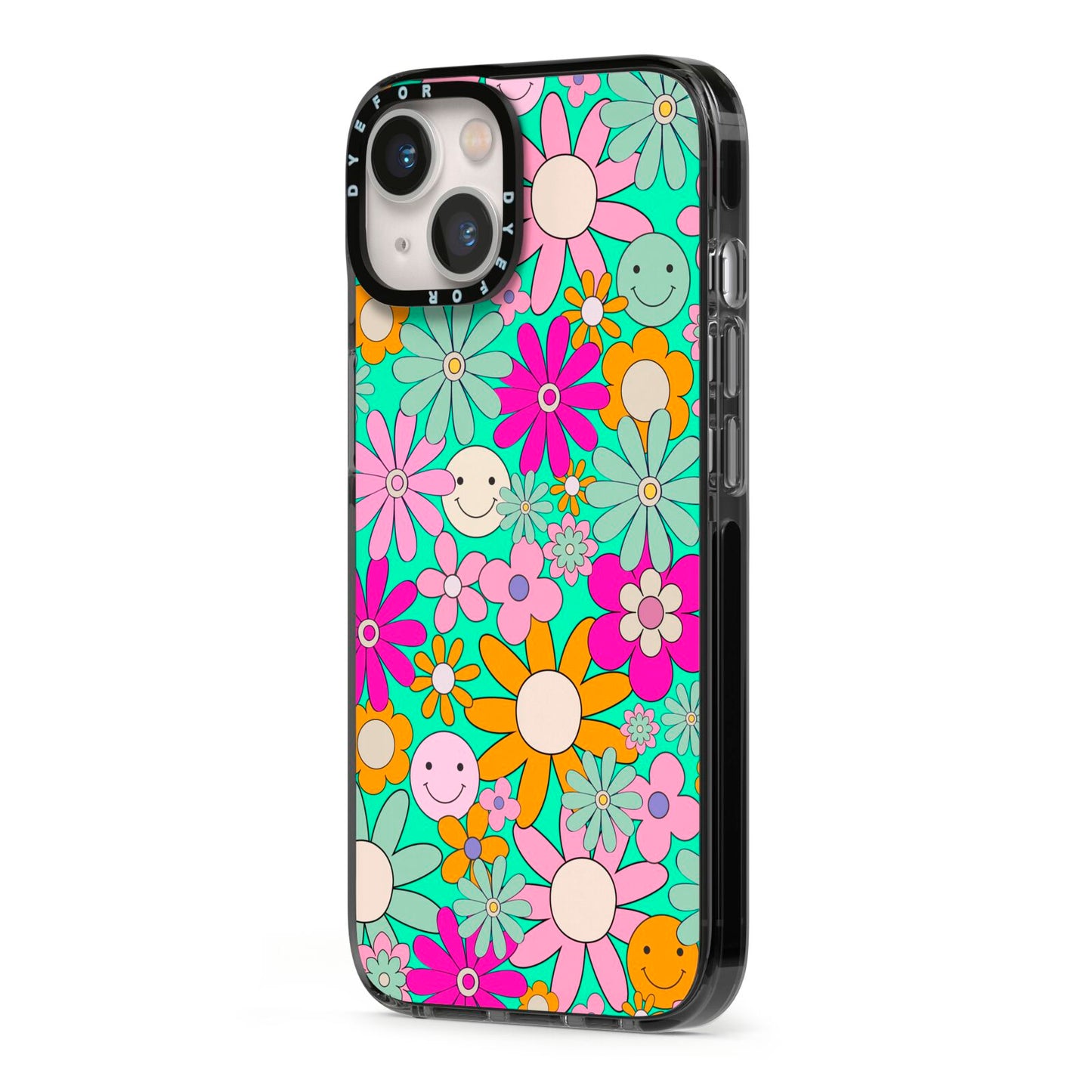 Hippy Floral iPhone 13 Black Impact Case Side Angle on Silver phone