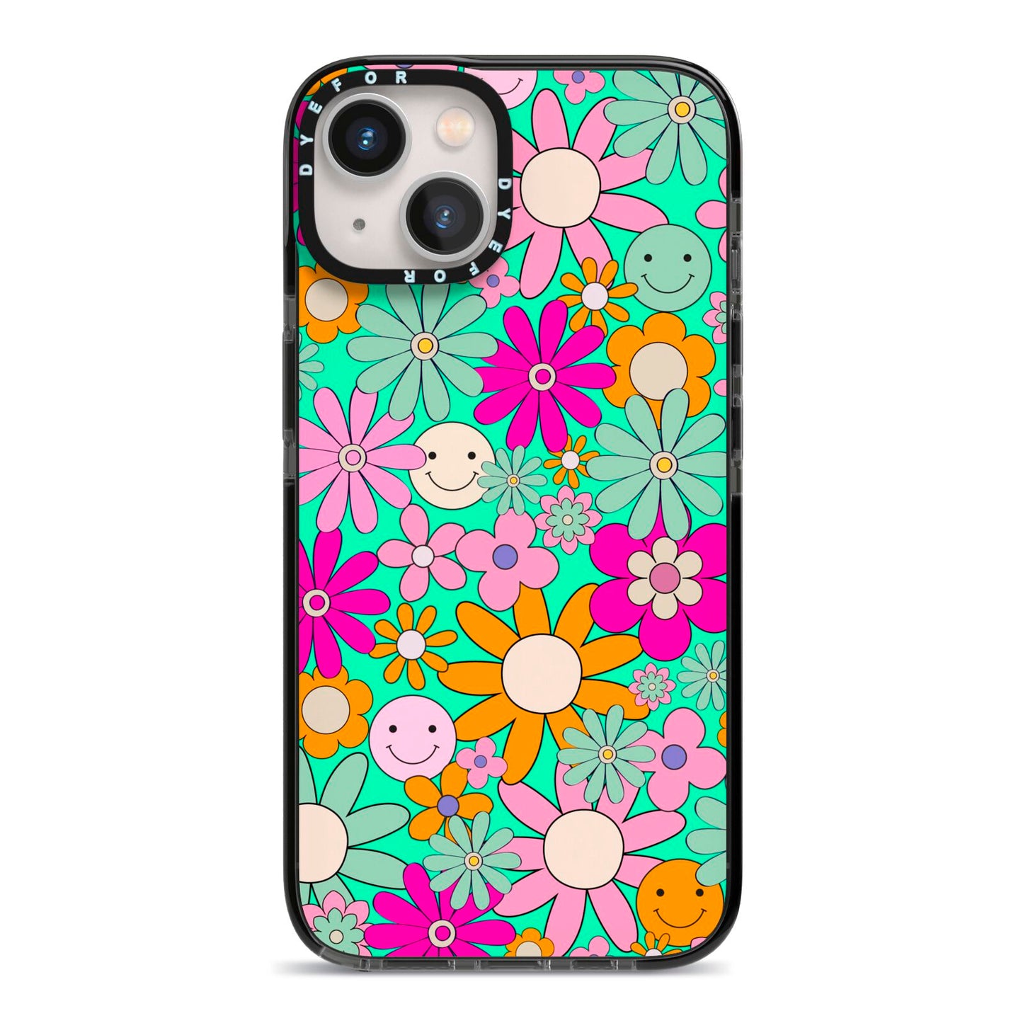 Hippy Floral iPhone 13 Black Impact Case on Silver phone