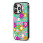 Hippy Floral iPhone 13 Pro Black Impact Case Side Angle on Silver phone