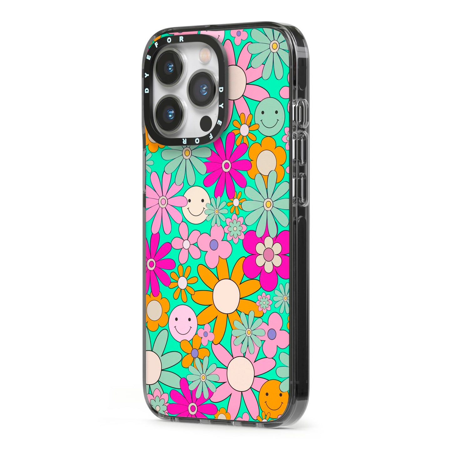 Hippy Floral iPhone 13 Pro Black Impact Case Side Angle on Silver phone