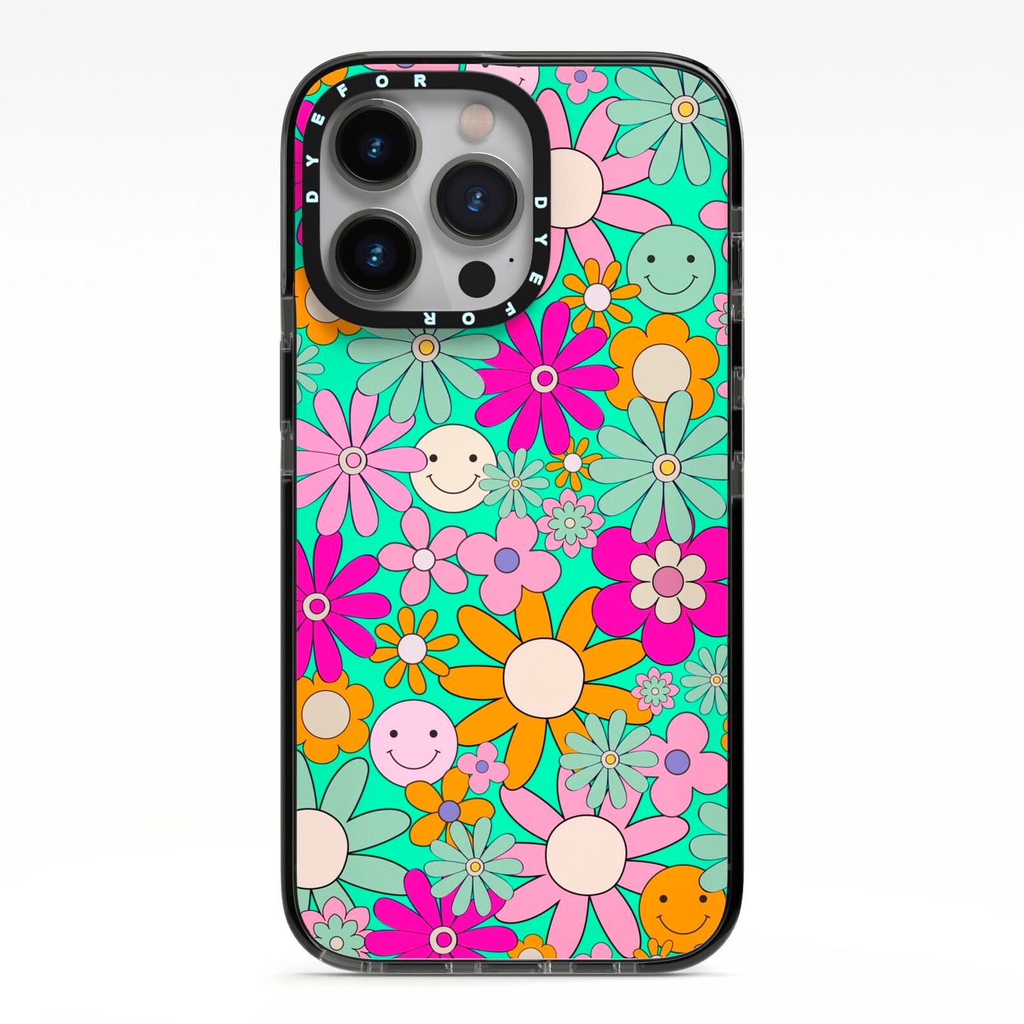 Hippy Floral iPhone 13 Pro Black Impact Case on Silver phone