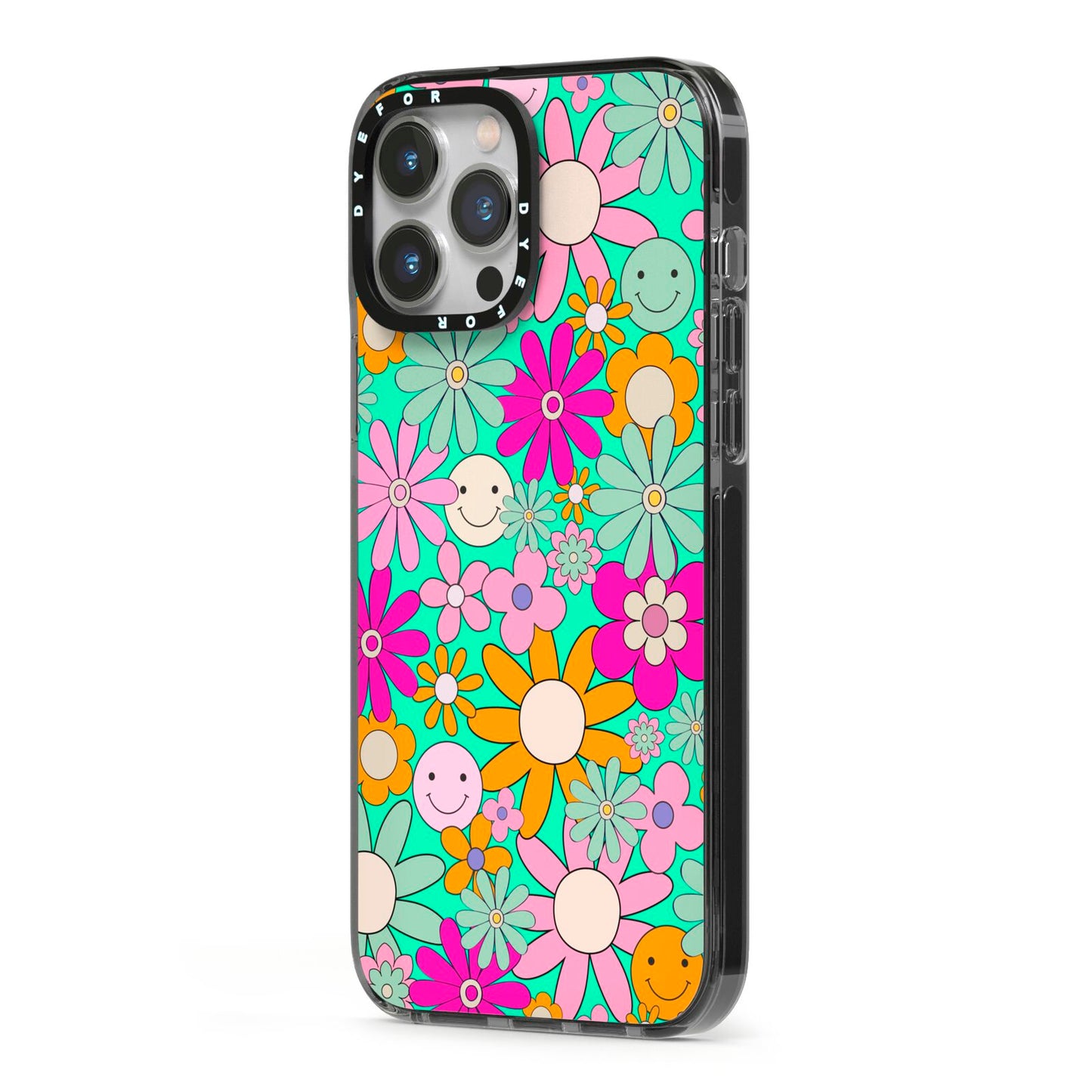 Hippy Floral iPhone 13 Pro Max Black Impact Case Side Angle on Silver phone