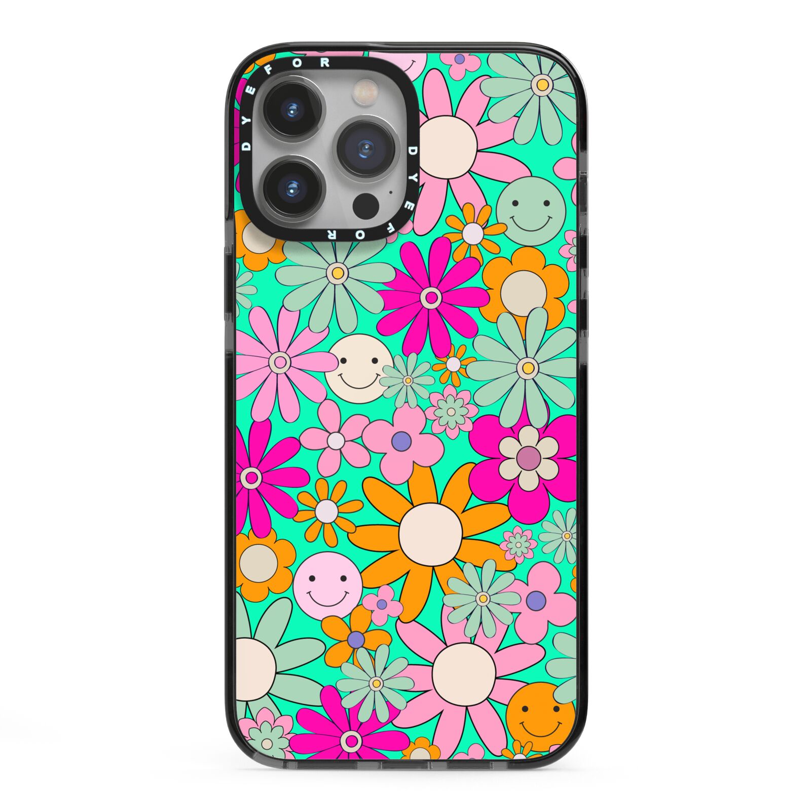 Hippy Floral iPhone 13 Pro Max Black Impact Case on Silver phone