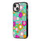 Hippy Floral iPhone 14 Black Impact Case Side Angle on Silver phone