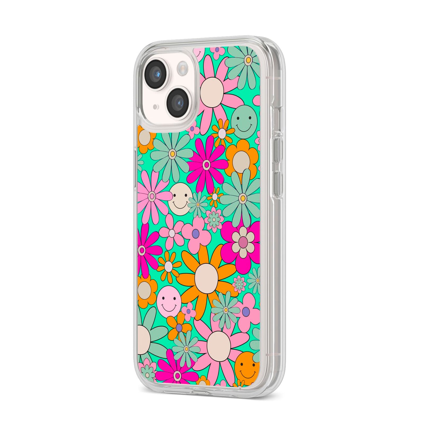Hippy Floral iPhone 14 Clear Tough Case Starlight Angled Image