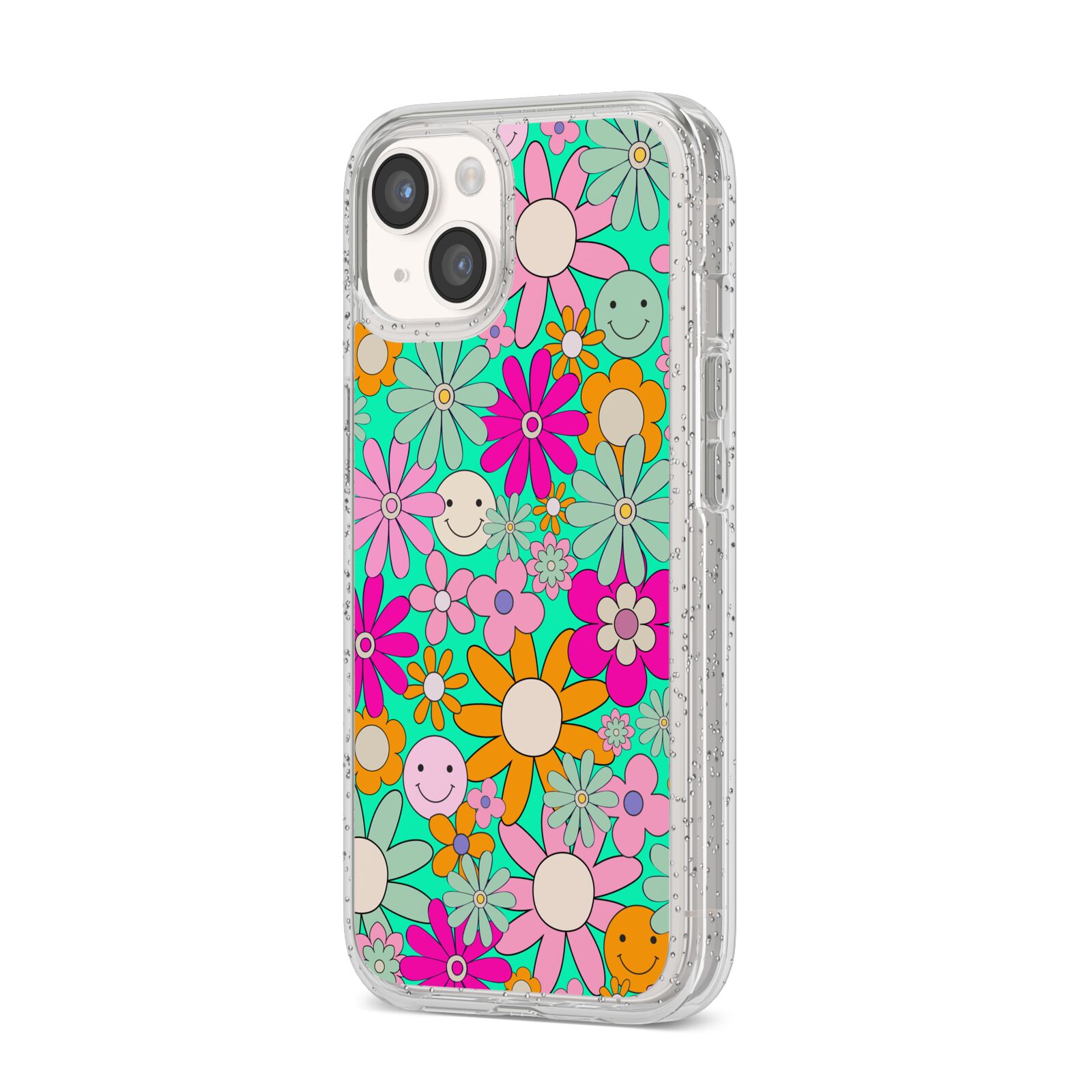 Hippy Floral iPhone 14 Glitter Tough Case Starlight Angled Image
