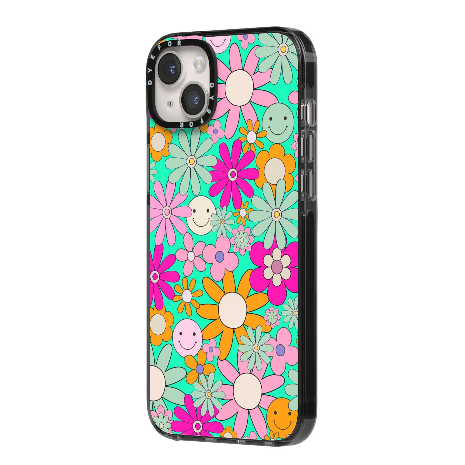 Hippy Floral iPhone 14 Plus Black Impact Case Side Angle on Silver phone