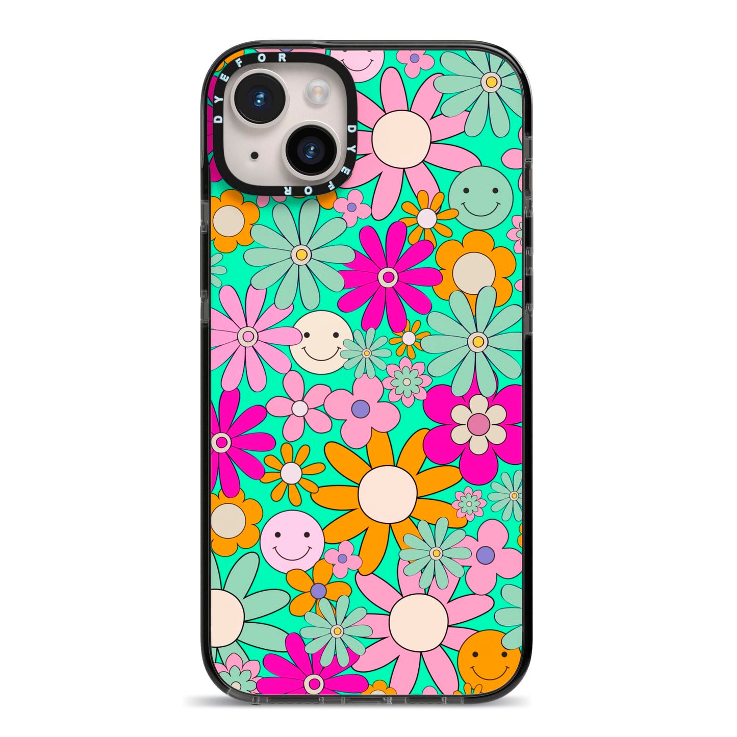 Hippy Floral iPhone 14 Plus Black Impact Case on Silver phone