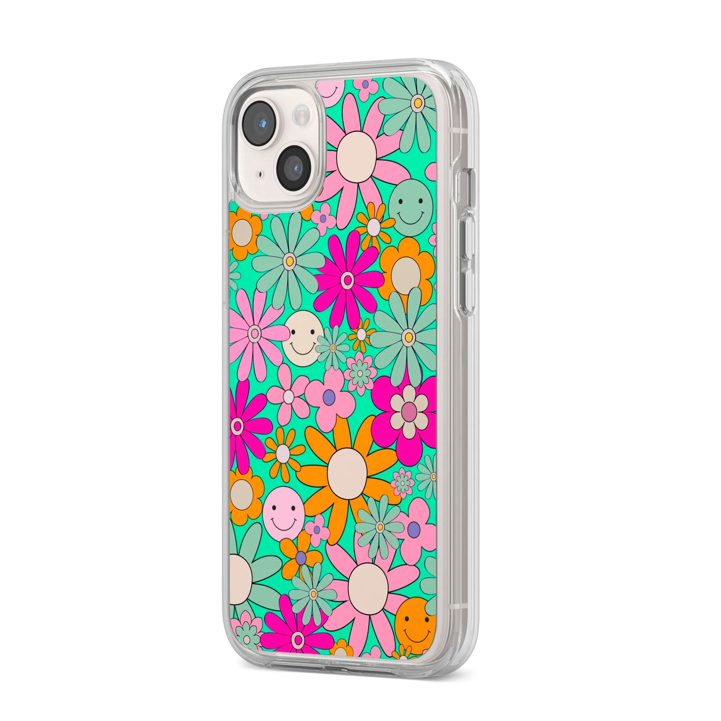 Hippy Floral iPhone 14 Plus Clear Tough Case Starlight Angled Image
