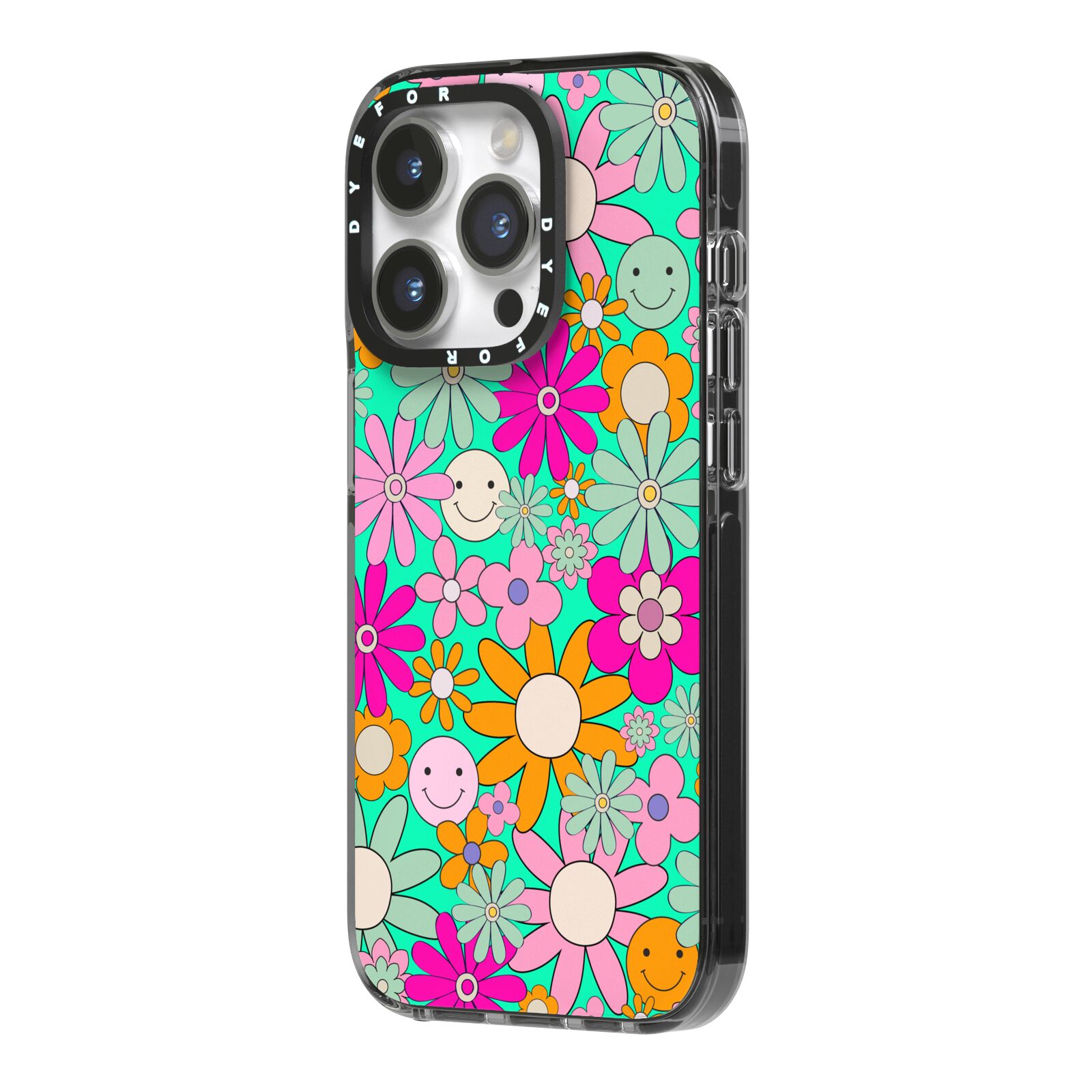 Hippy Floral iPhone 14 Pro Black Impact Case Side Angle on Silver phone