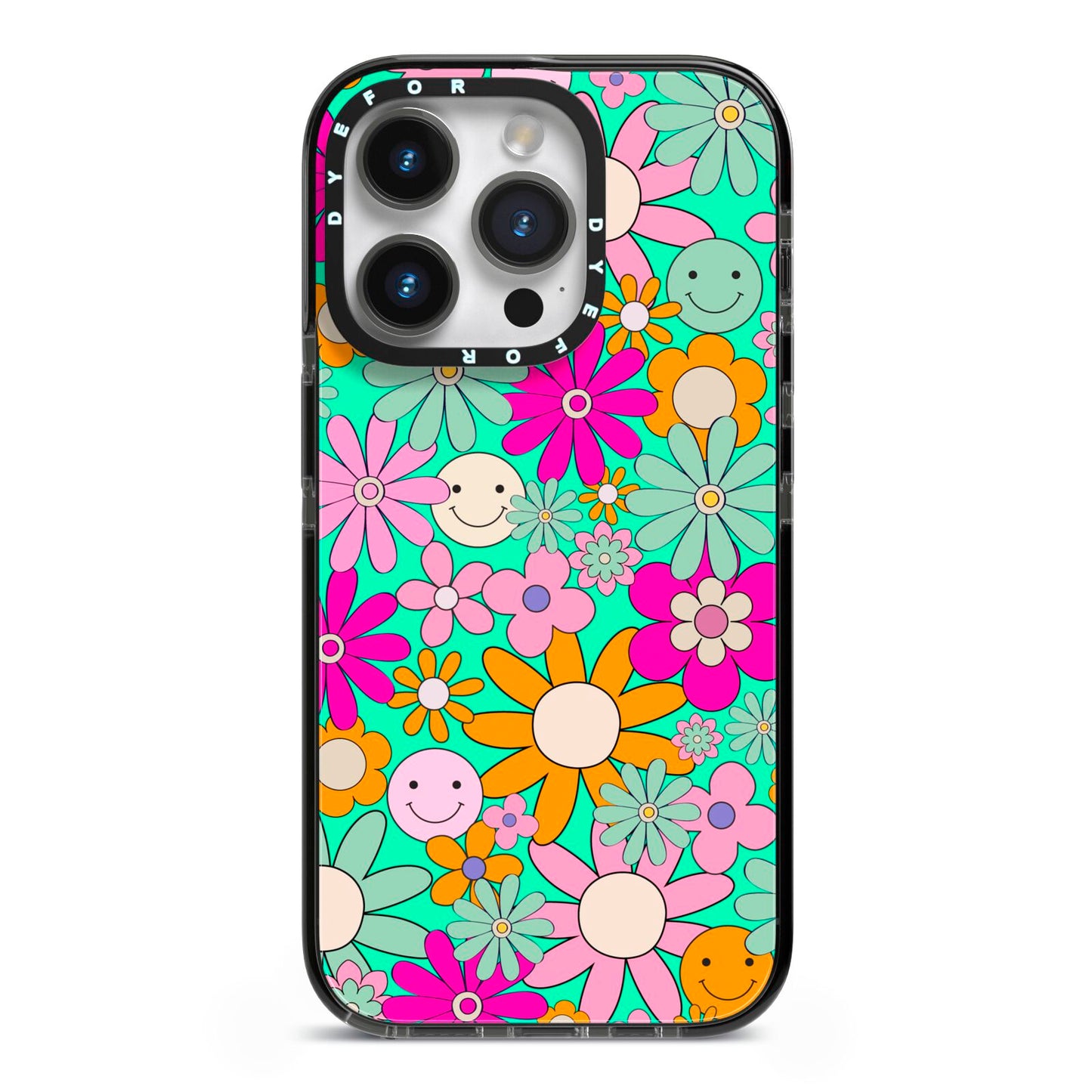 Hippy Floral iPhone 14 Pro Black Impact Case on Silver phone