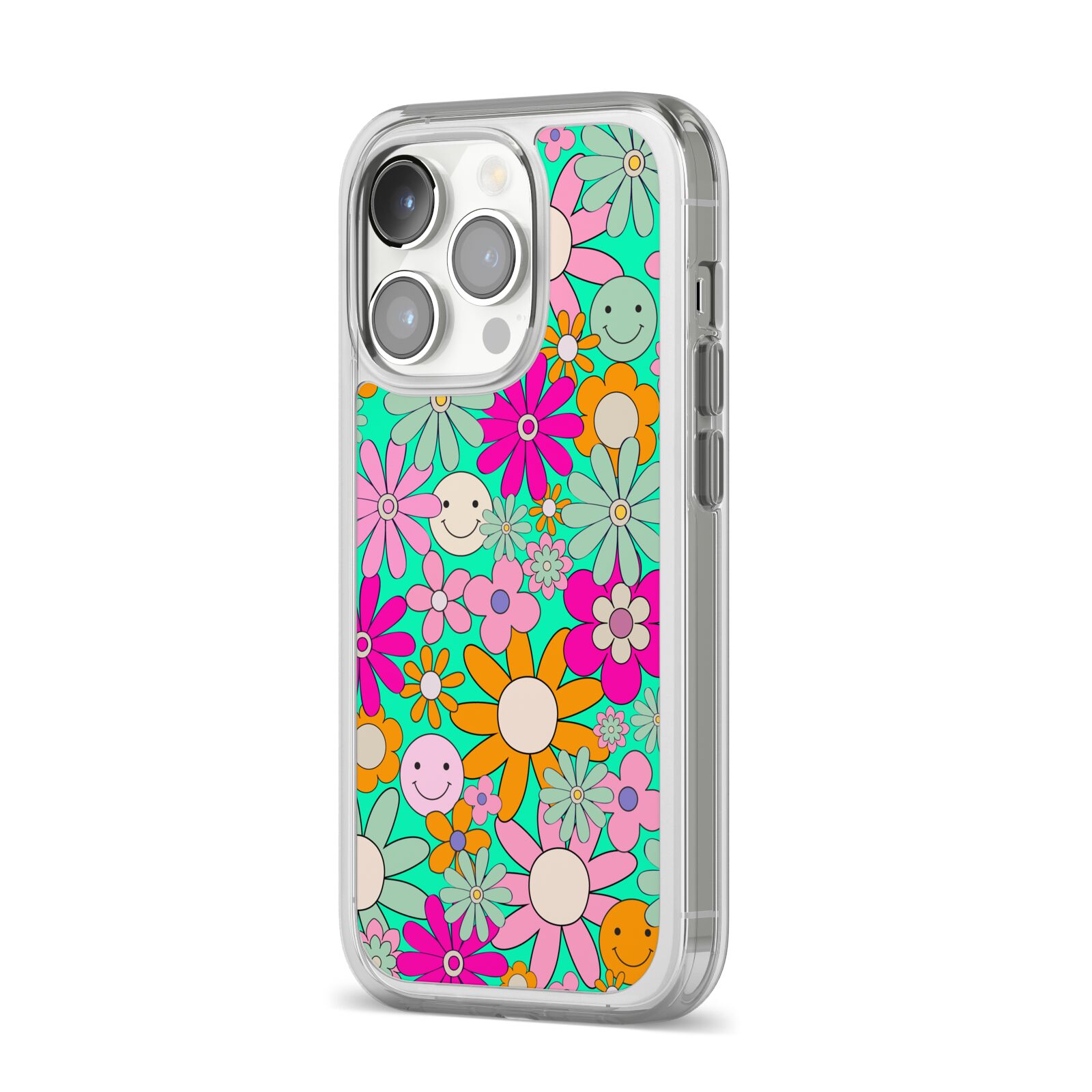 Hippy Floral iPhone 14 Pro Clear Tough Case Silver Angled Image