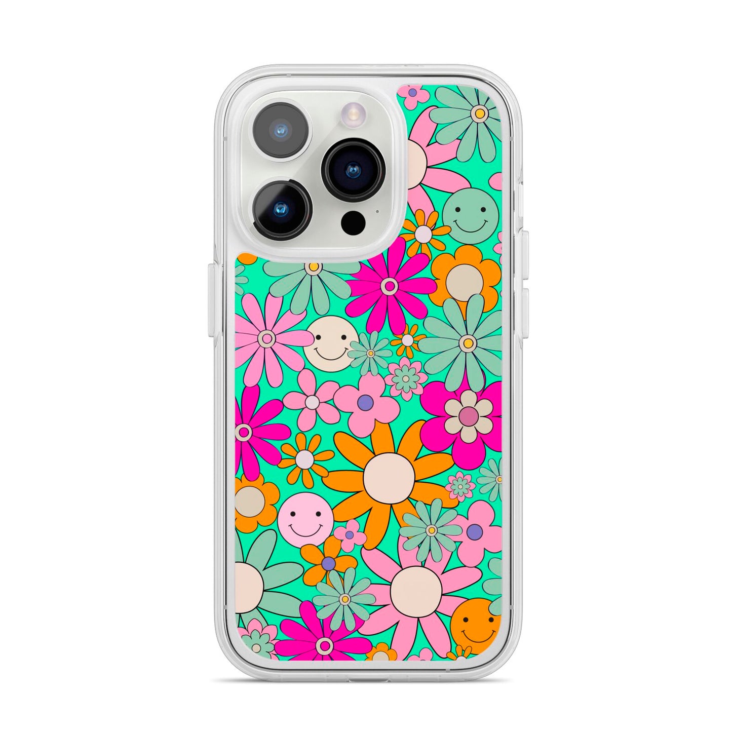 Hippy Floral iPhone 14 Pro Clear Tough Case Silver