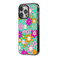 Hippy Floral iPhone 14 Pro Max Black Impact Case Side Angle on Silver phone