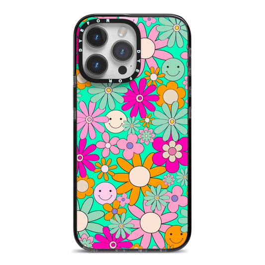 Hippy Floral iPhone 14 Pro Max Black Impact Case on Silver phone