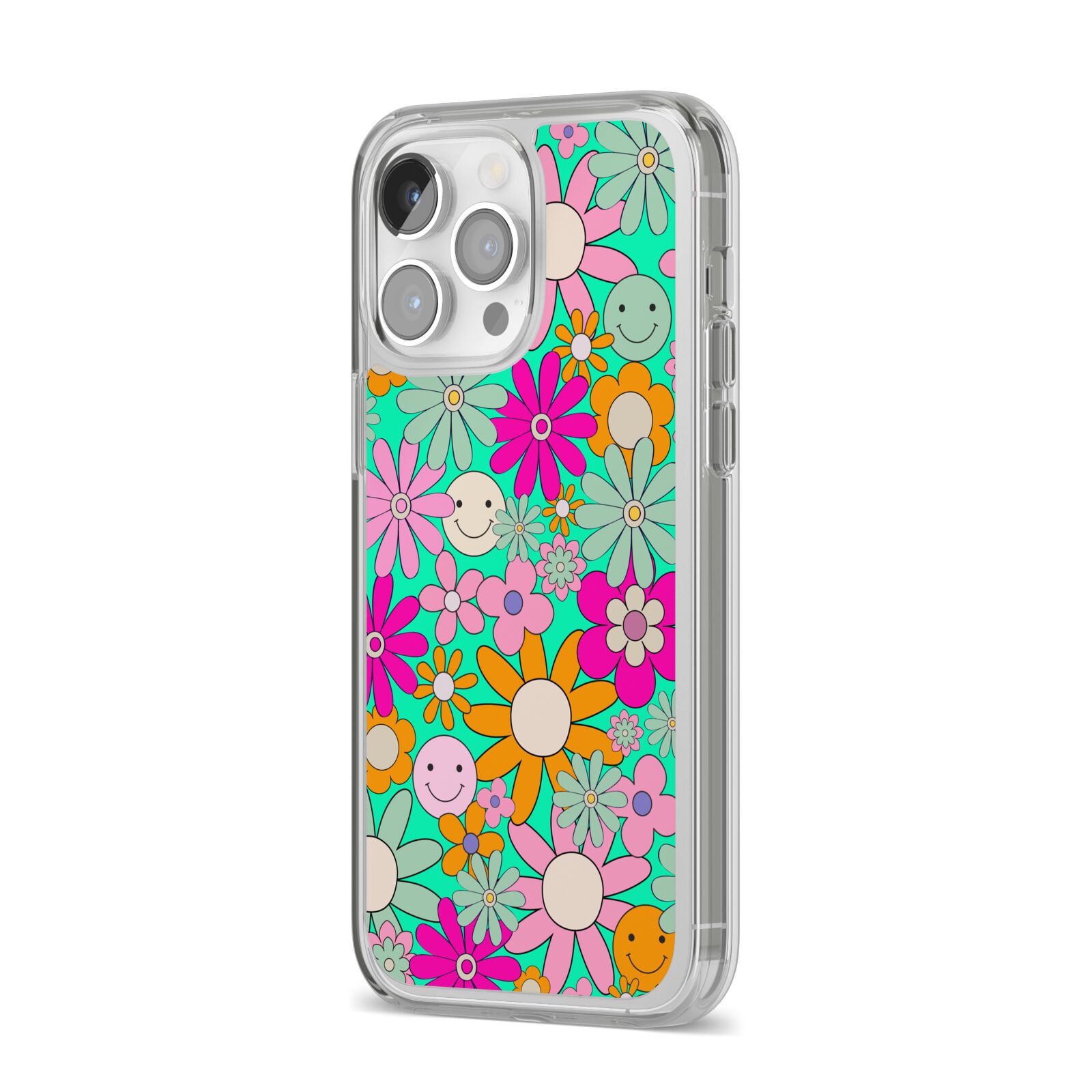 Hippy Floral iPhone 14 Pro Max Clear Tough Case Silver Angled Image