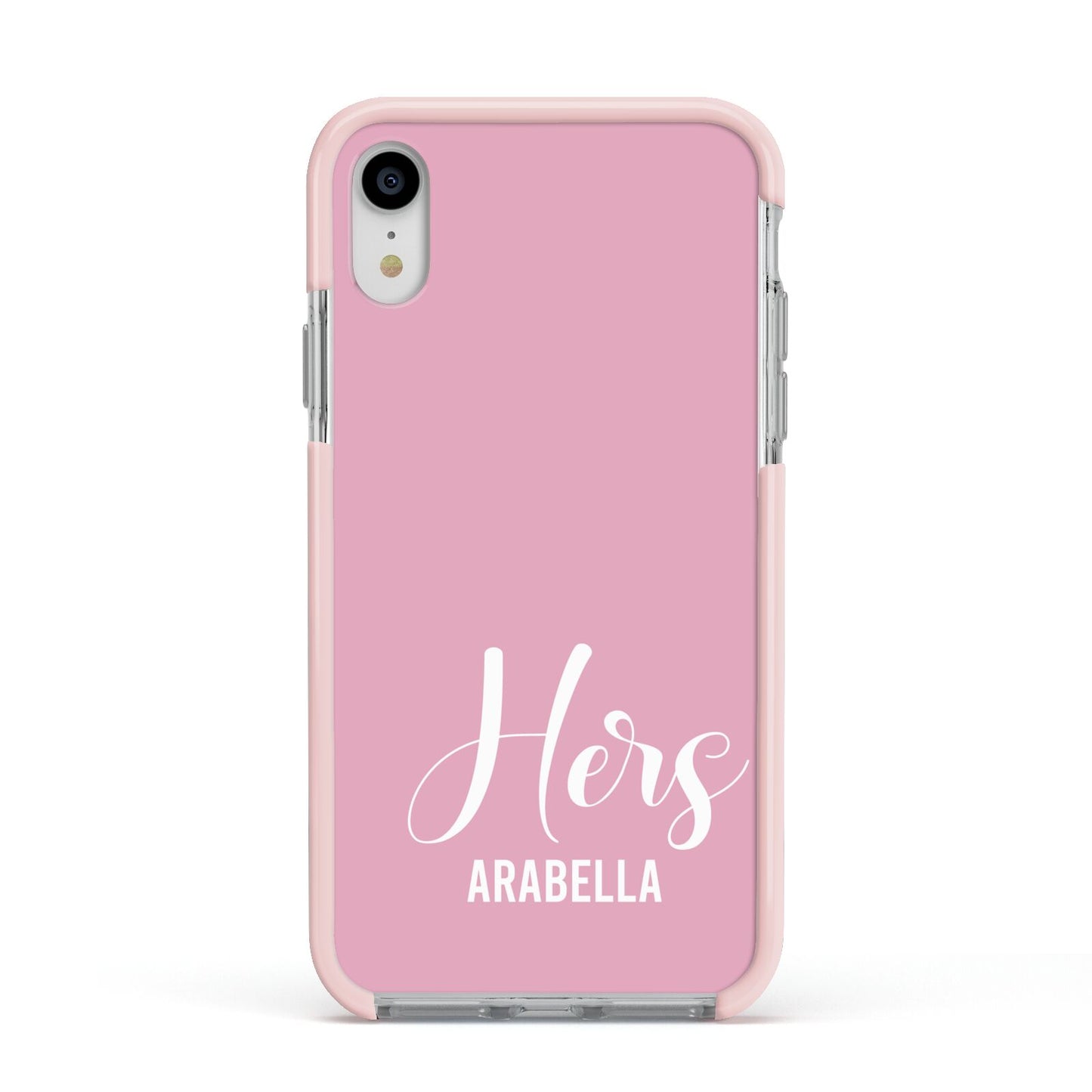 His or Hers Personalised Apple iPhone XR Impact Case Pink Edge on Silver Phone