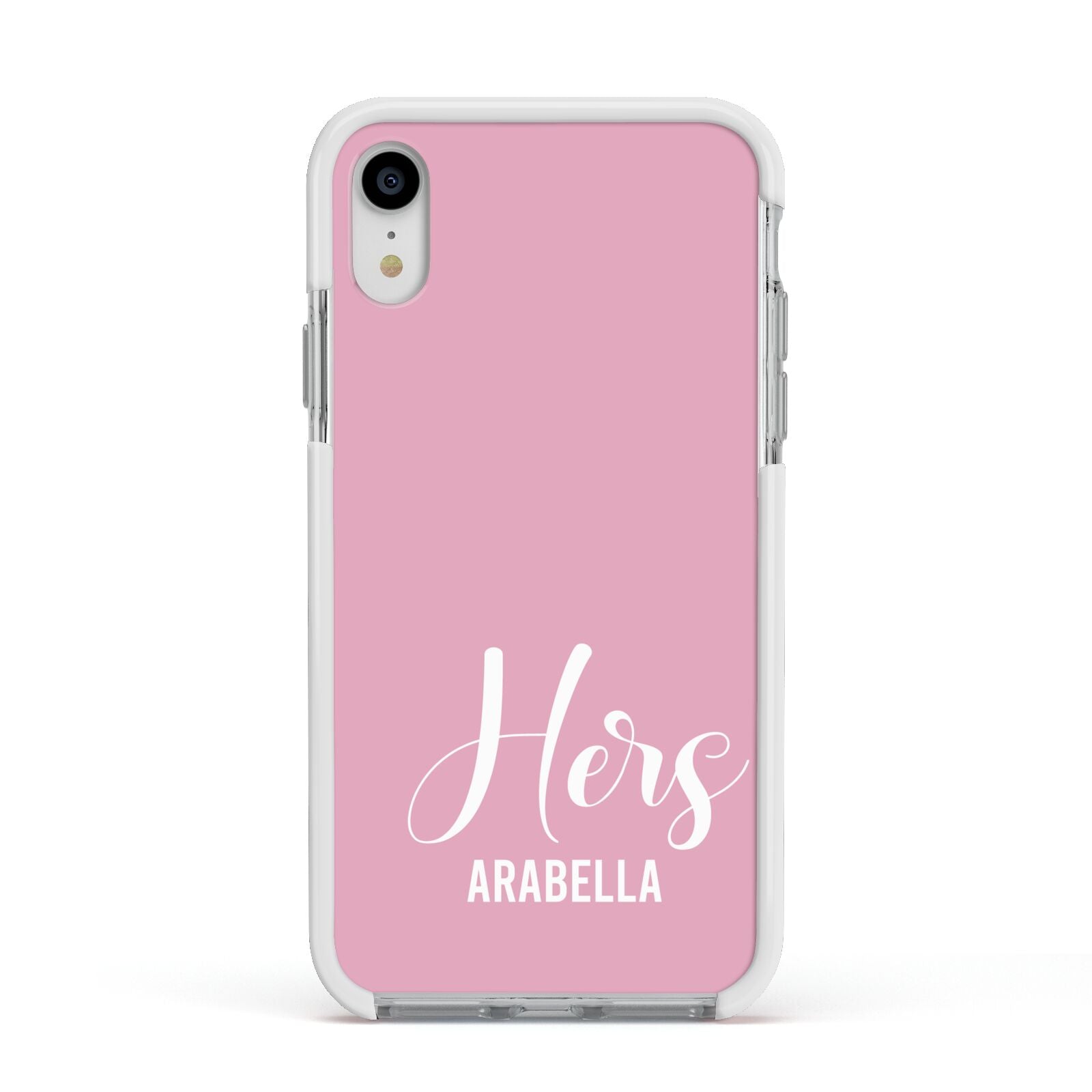His or Hers Personalised Apple iPhone XR Impact Case White Edge on Silver Phone