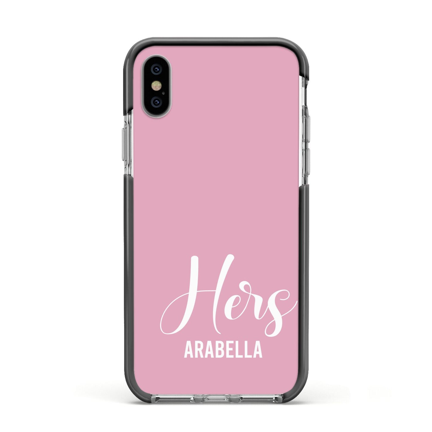 His or Hers Personalised Apple iPhone Xs Impact Case Black Edge on Silver Phone