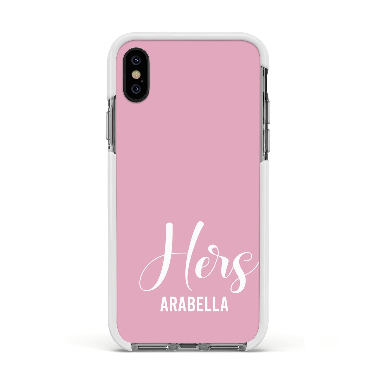 His or Hers Personalised Apple iPhone Xs Impact Case White Edge on Black Phone