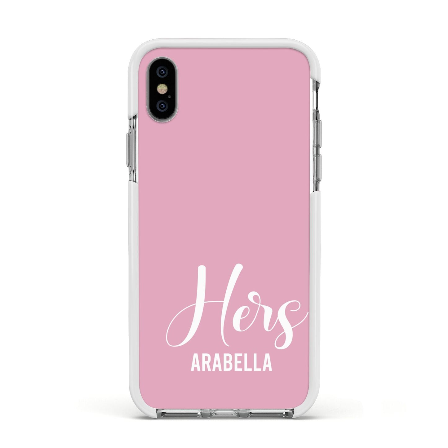 His or Hers Personalised Apple iPhone Xs Impact Case White Edge on Silver Phone