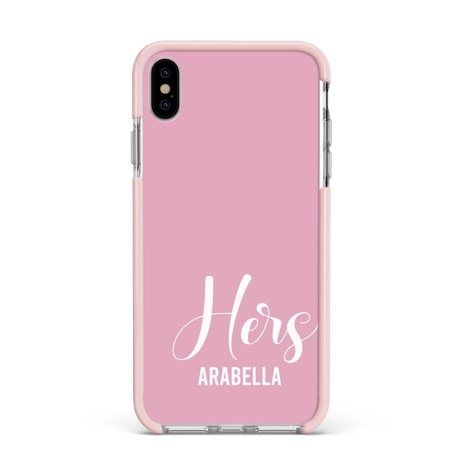 His or Hers Personalised Apple iPhone Xs Max Impact Case Pink Edge on Silver Phone