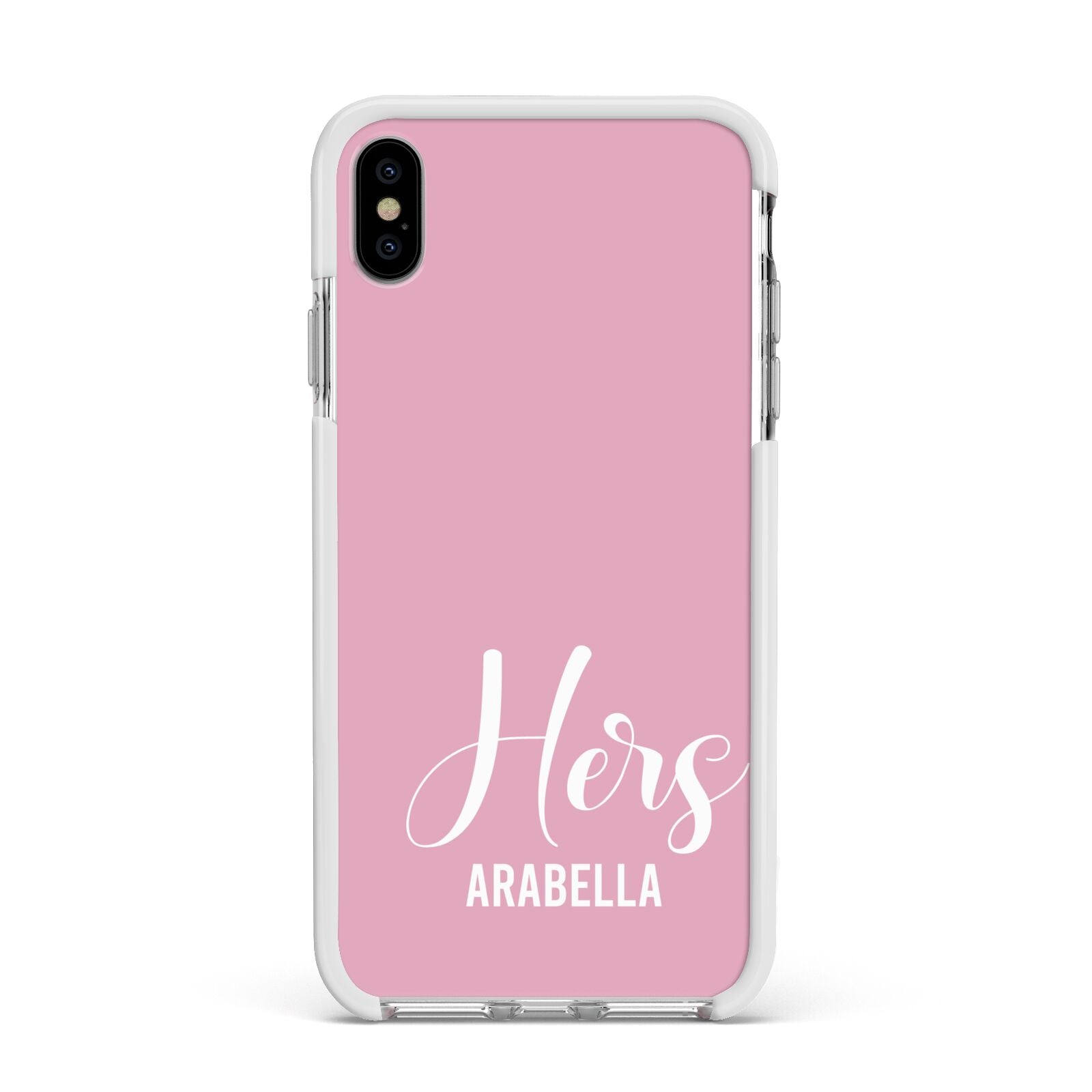 His or Hers Personalised Apple iPhone Xs Max Impact Case White Edge on Silver Phone