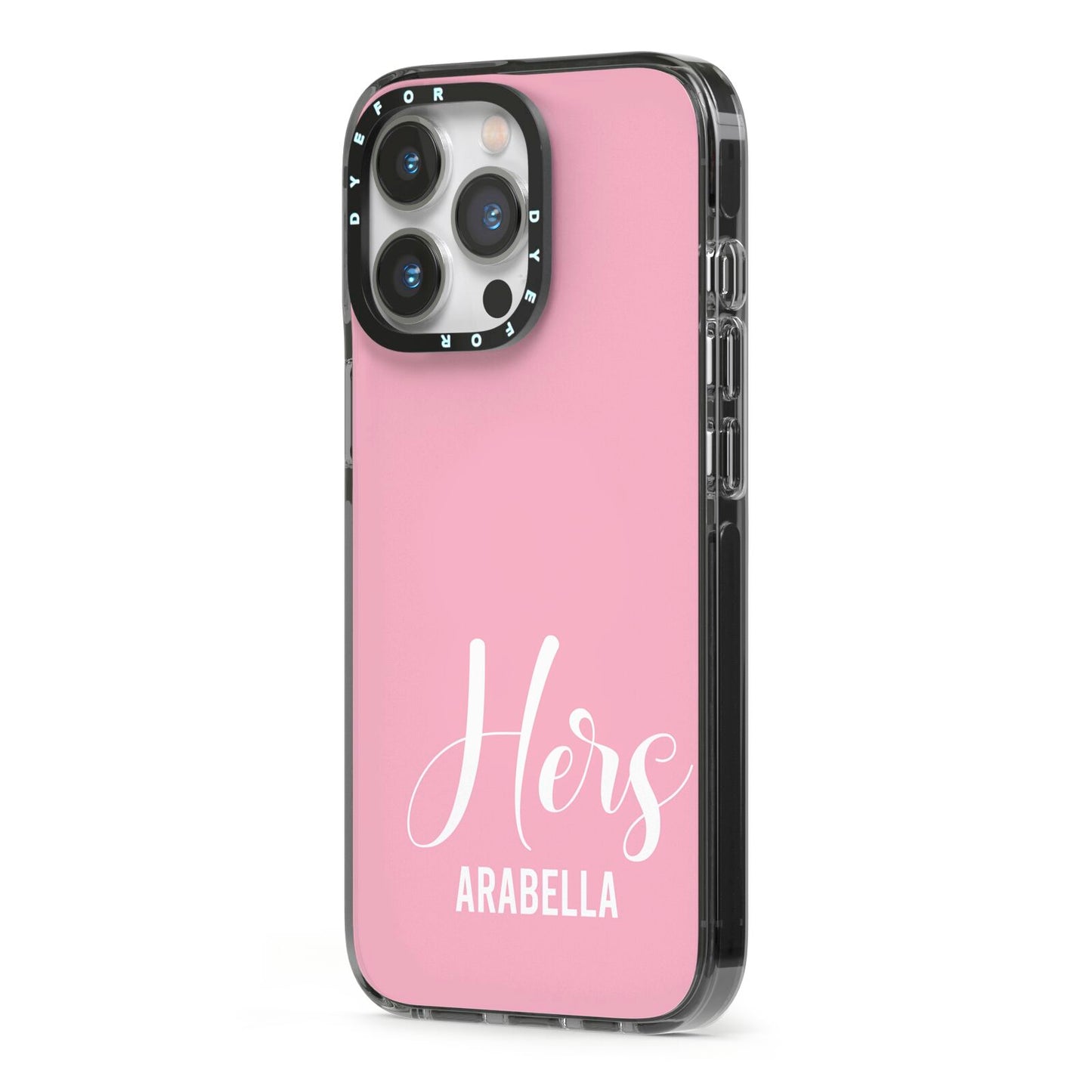 His or Hers Personalised iPhone 13 Pro Black Impact Case Side Angle on Silver phone