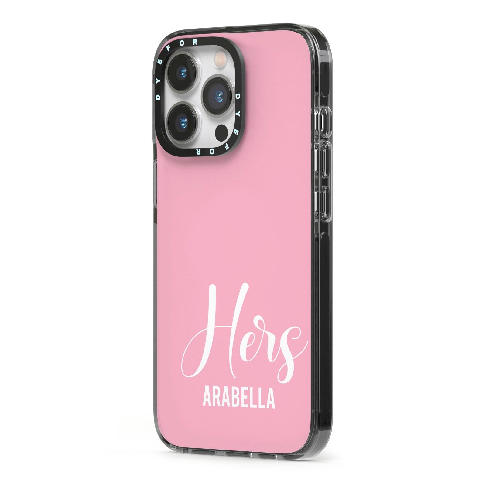 His or Hers Personalised iPhone 13 Pro Black Impact Case Side Angle on Silver phone