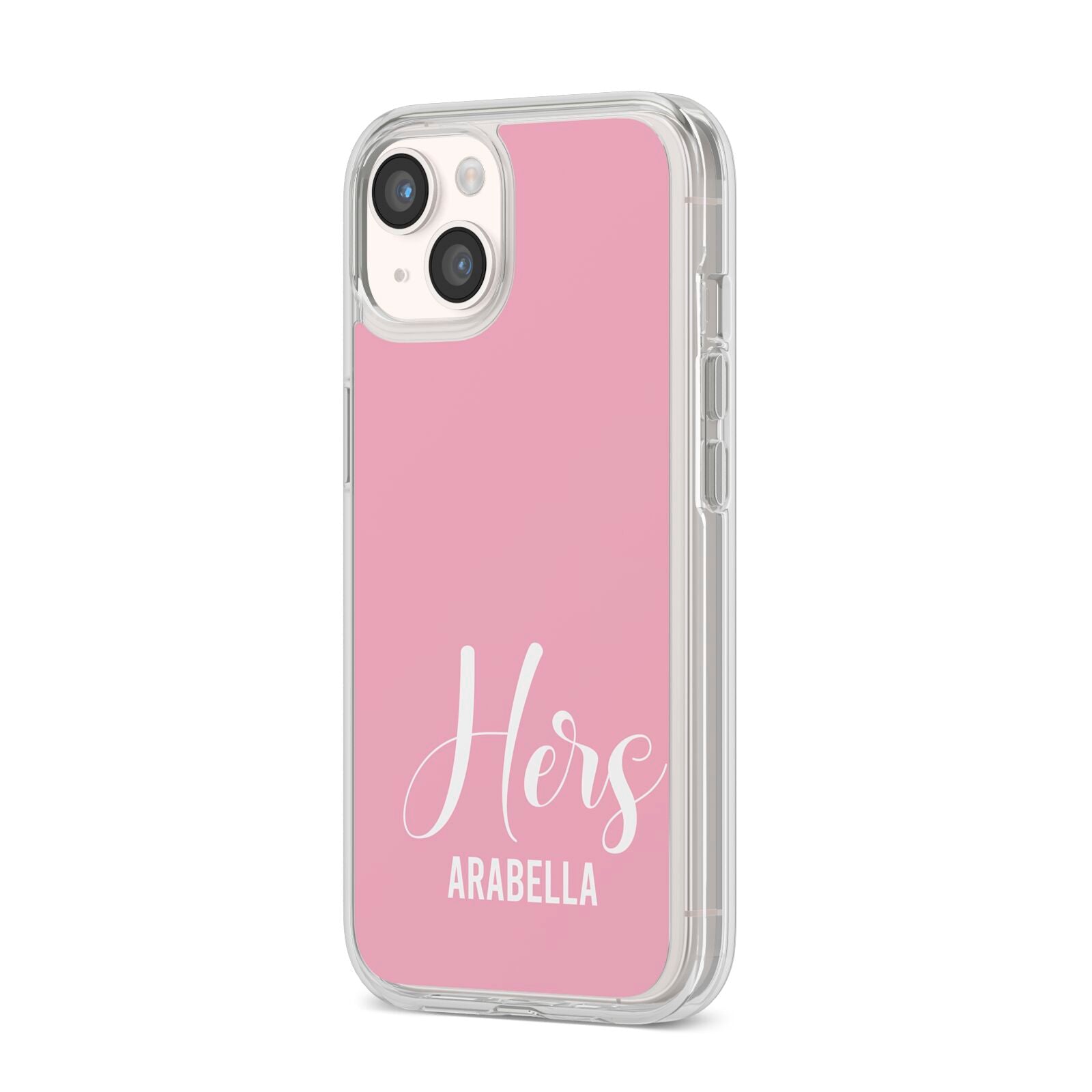 His or Hers Personalised iPhone 14 Clear Tough Case Starlight Angled Image